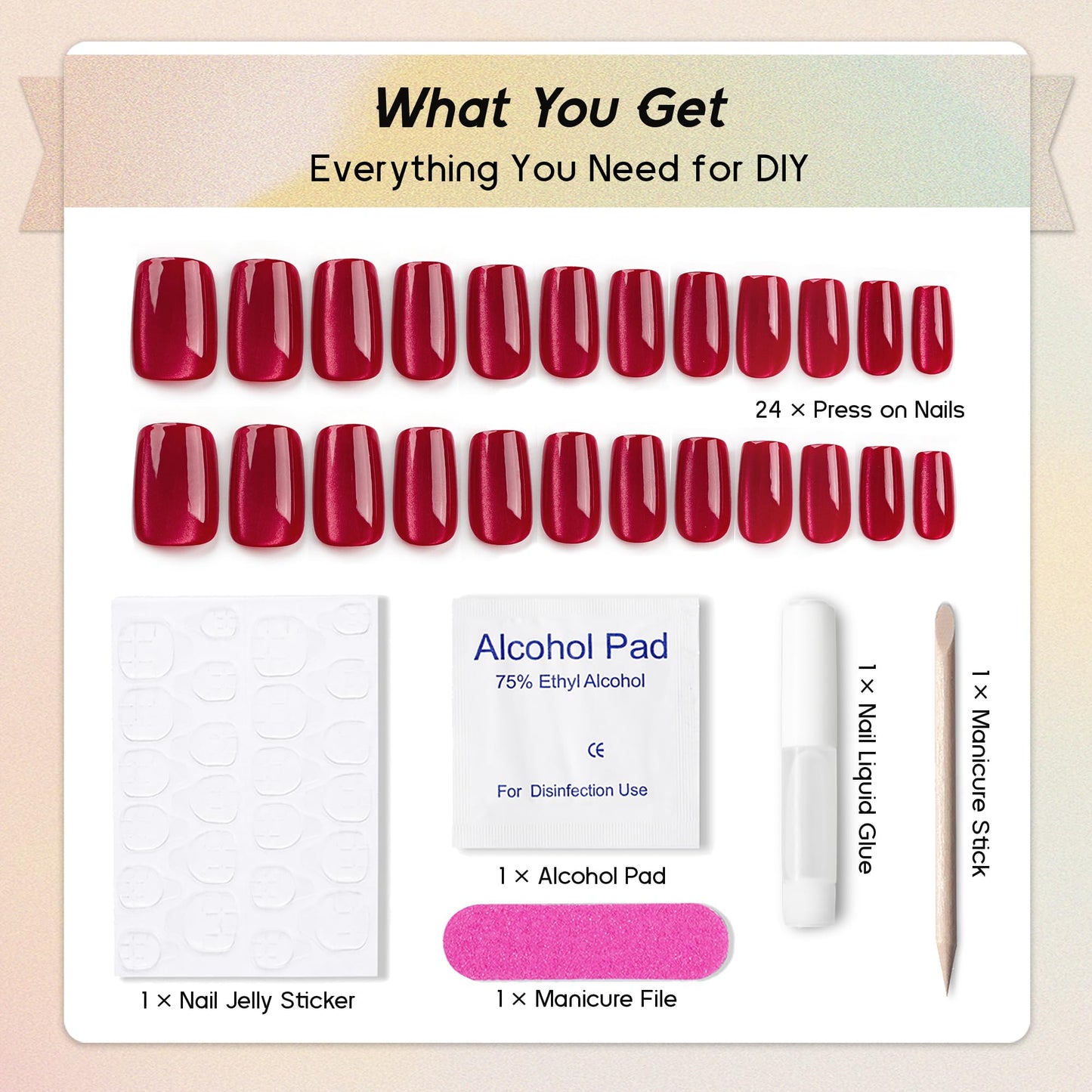 Qsnidy Press on Nails Square - Red Velvet Fake Nails Medium Acrylic Glossy Full Cover Stick On Nails for Women and Girls Daily Wear, Natural Fit Glue on Nails in 12 Sizes - 24 Nails Kit