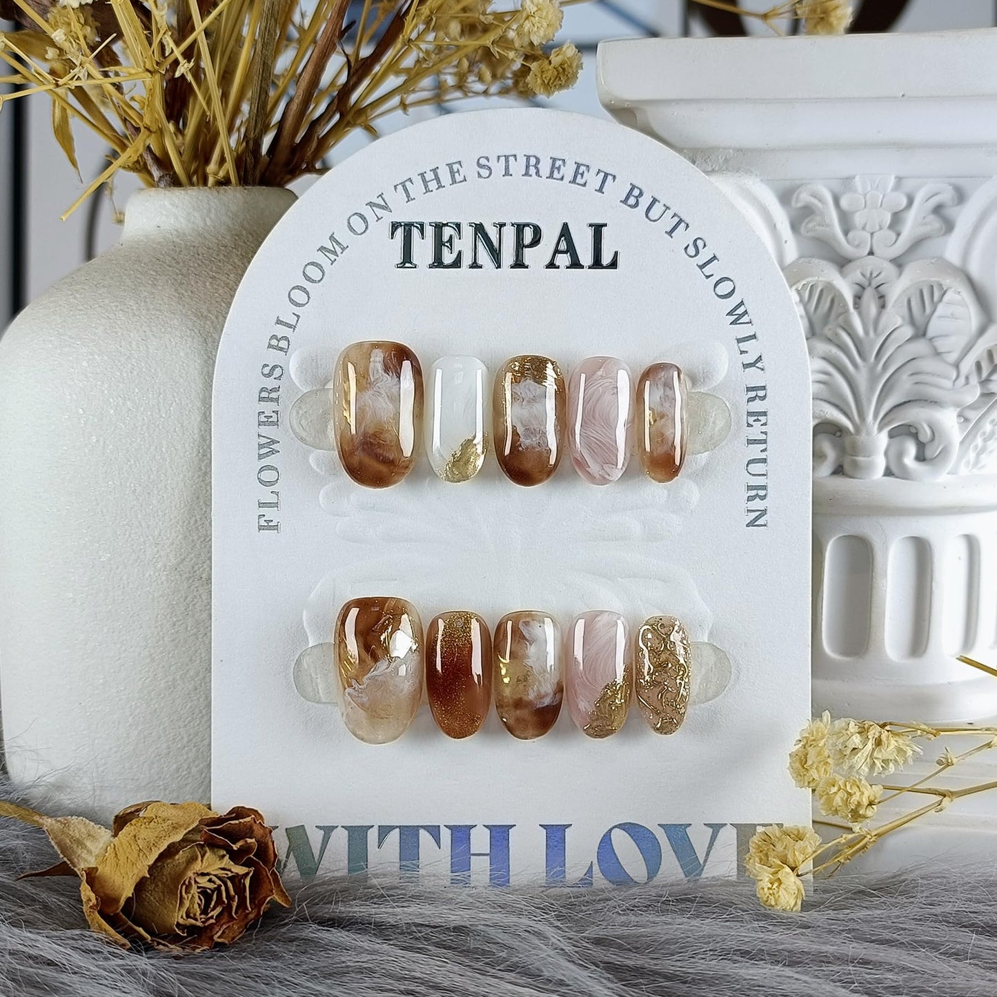 TENPAL Cat Eye Press On Nails 10 Pcs with Tools Kit,Handmade Amber Coffee Ombré Glue on Nails,Short Oval False Nails with Ridge Embossed Glossy Glow Reusable Fake Nails for Autumn Winter Wedding(XS)
