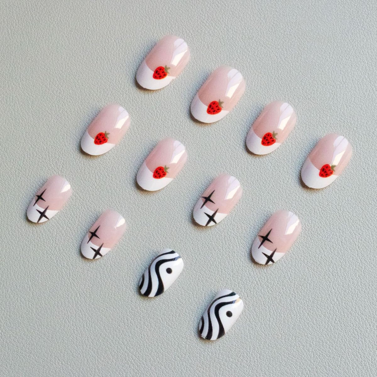 White French Tip Press on Nails Medium Oval Fake Nails Press ons with Strawberry, Striped, Star Design,Cute Reusable Artificial Nail Full Cover Stick on Nails for Women Manicure 24Pcs