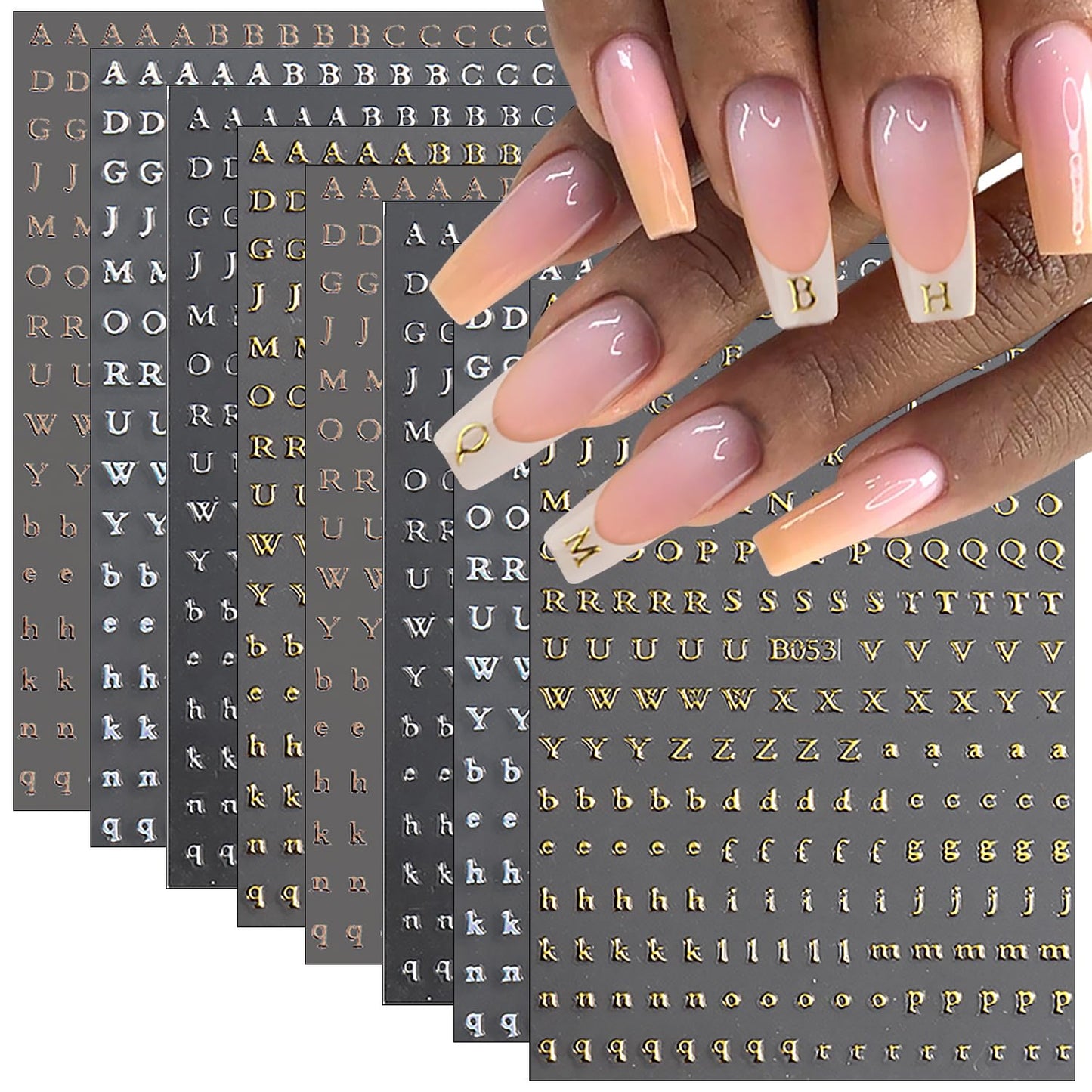 8 Sheets Letter Nail Design Stickers - 3D Self-Adhesive Nail Art Stickers in Black, White, Gold, Silver - English Letters Nail Decals for Women and Girls - DIY Nail Decor