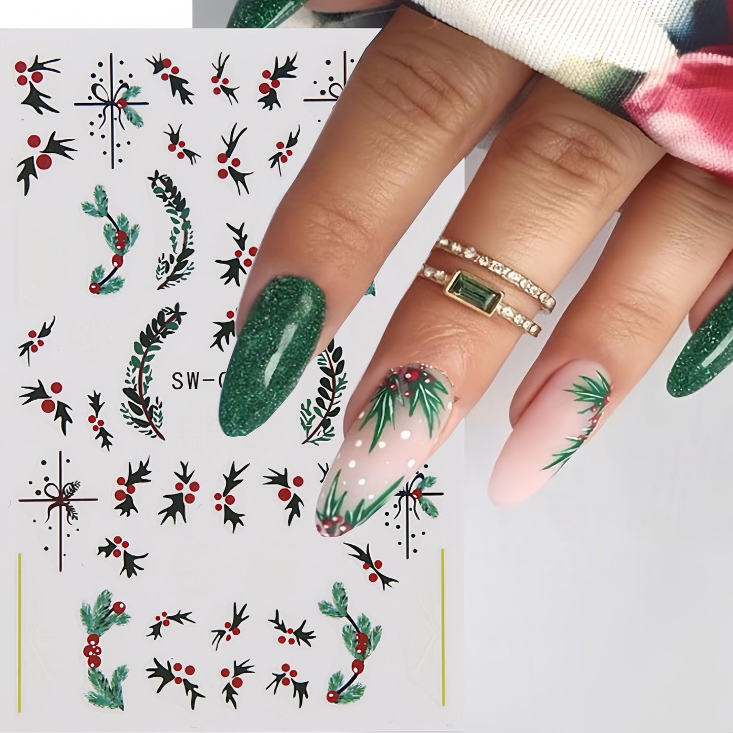 8 Christmas Nail Art Stickers Green French Snowflake Christmas Tree Elk Decal Stickers Silver Glitter Bell Bowknot Winter Design Suitable for Ladies Girls DIY Nail Art Decoration