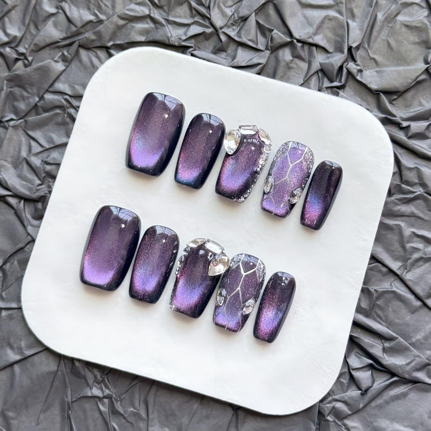 Purple Cat Eye Press On Nails - Galaxy Nebula Design with Crystal & Cracked Stone Accents, Short Coffin Shape, Reusable False Nails for Women (L)