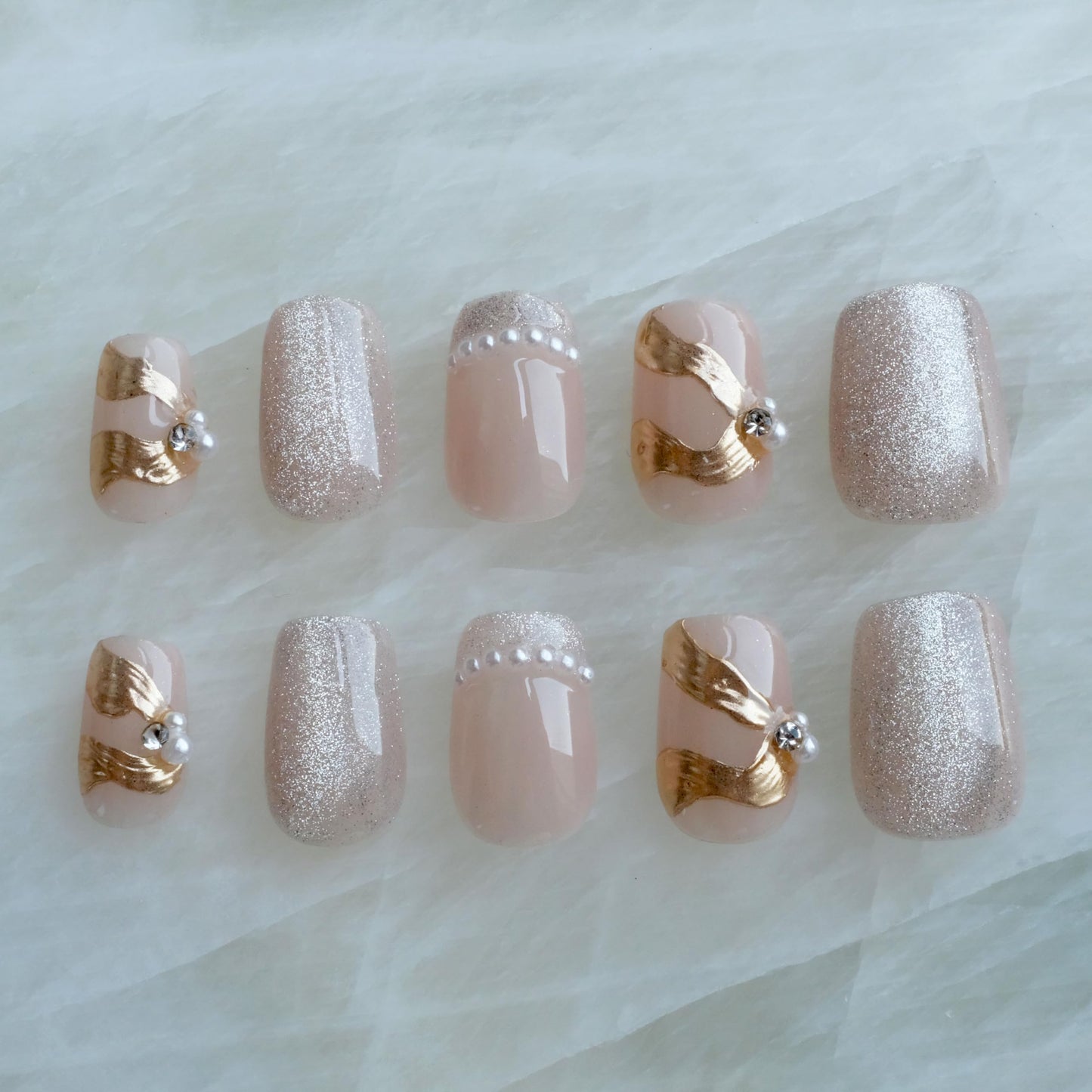 [GLORS] Purely Handmade Press On Nails | Elegant French Pink Pearl Gold Fake False Nail | Salon Quality in Short Square shape, 10 pieces (XS, SS)