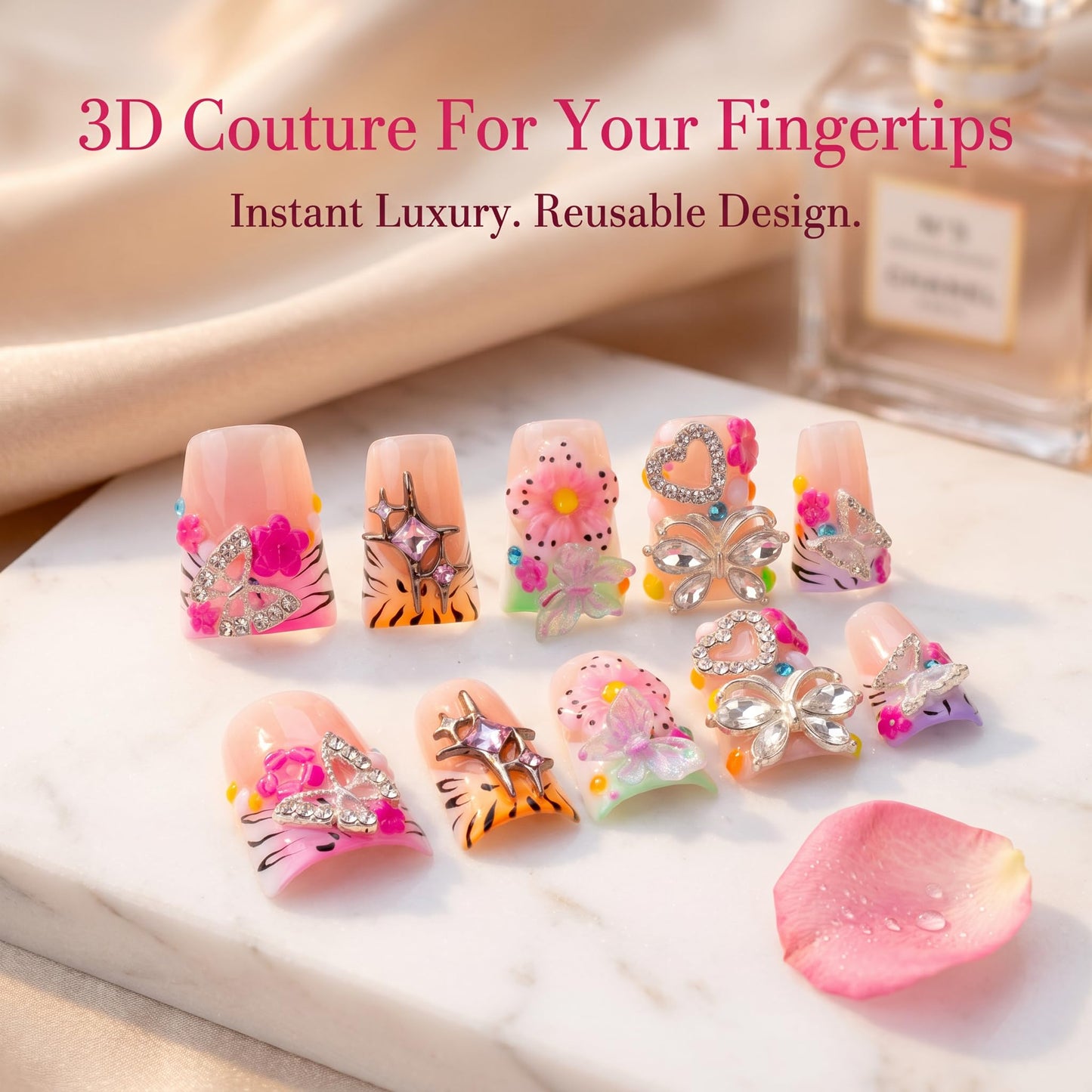 Handmade Luxury Press on Nails Medium Duckbill False Nails Summer with Floral Rhinestones Design Fake Nails Reusable Full Cover Acrylic Nails for Women Manicure 10Pcs (Size M)