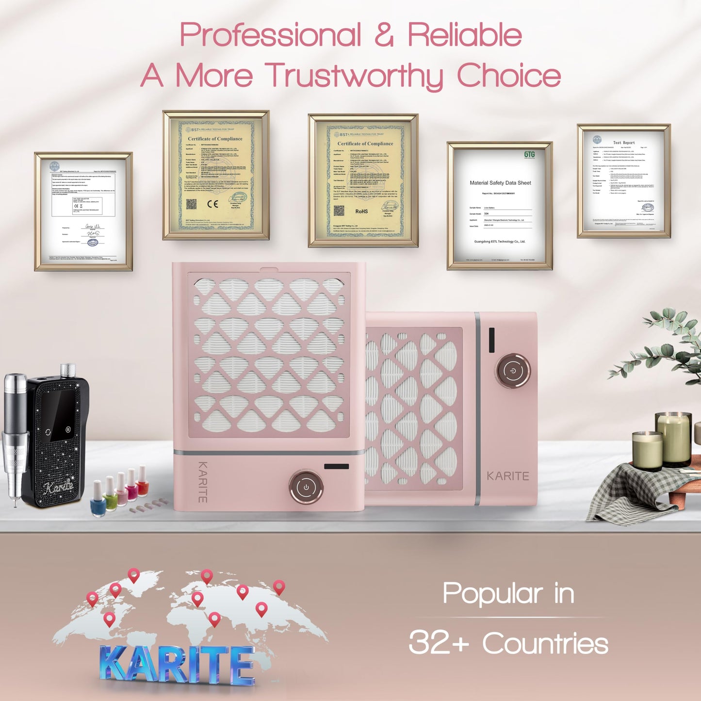 Karite Nail Dust Collector, Upgrade Vacuum Dust Collector with 30pcs Papers, 5000RPM Power Suction, 6000mAh Rechargeable Dust Collector Nail Tech, Cordless for Easy Use and Cleaning（Sakura Pink）