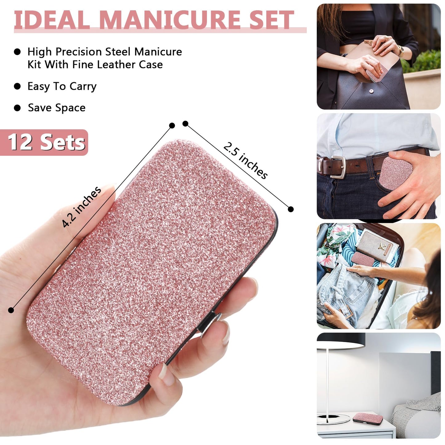 Geosar 12 Sets Manicure Set Nail Clippers Pedicure Kit 8 in 1 Grooming Stainless Steel Kits Nail Care Tools with Travel Case for Employee Coworker Teachers Nurse Gifts(Glitter Pink)