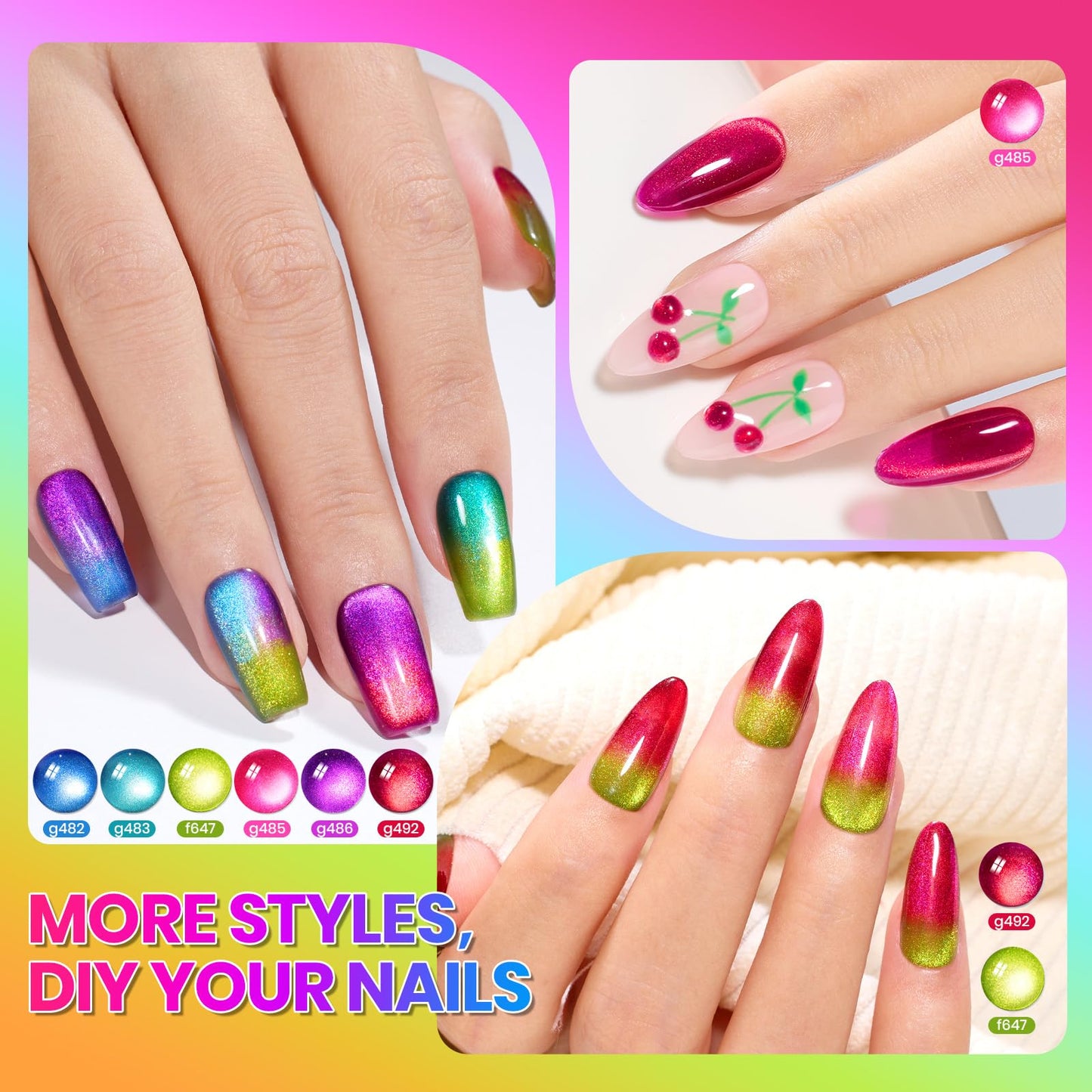 Beetles Neon Cat Eye Gel Nail Polish Set - 6 Colors Fairy Prism Summer Glitter Cat Eye Gel Polish Kit Red Green Blue Pink Purple Magnetic Shine Soak Off UV Salon DIY Manicure Gift for Women