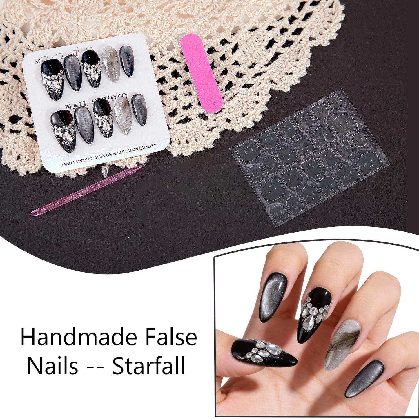 SILPECWEE 10PCS Almond Press On Nails, Black Cat Eye Fake Nails Crystal Rhinestone Nail Charms Medium Handmade Acrylic Press On Nails for Women Gel Flase Nails Manicure Supplies