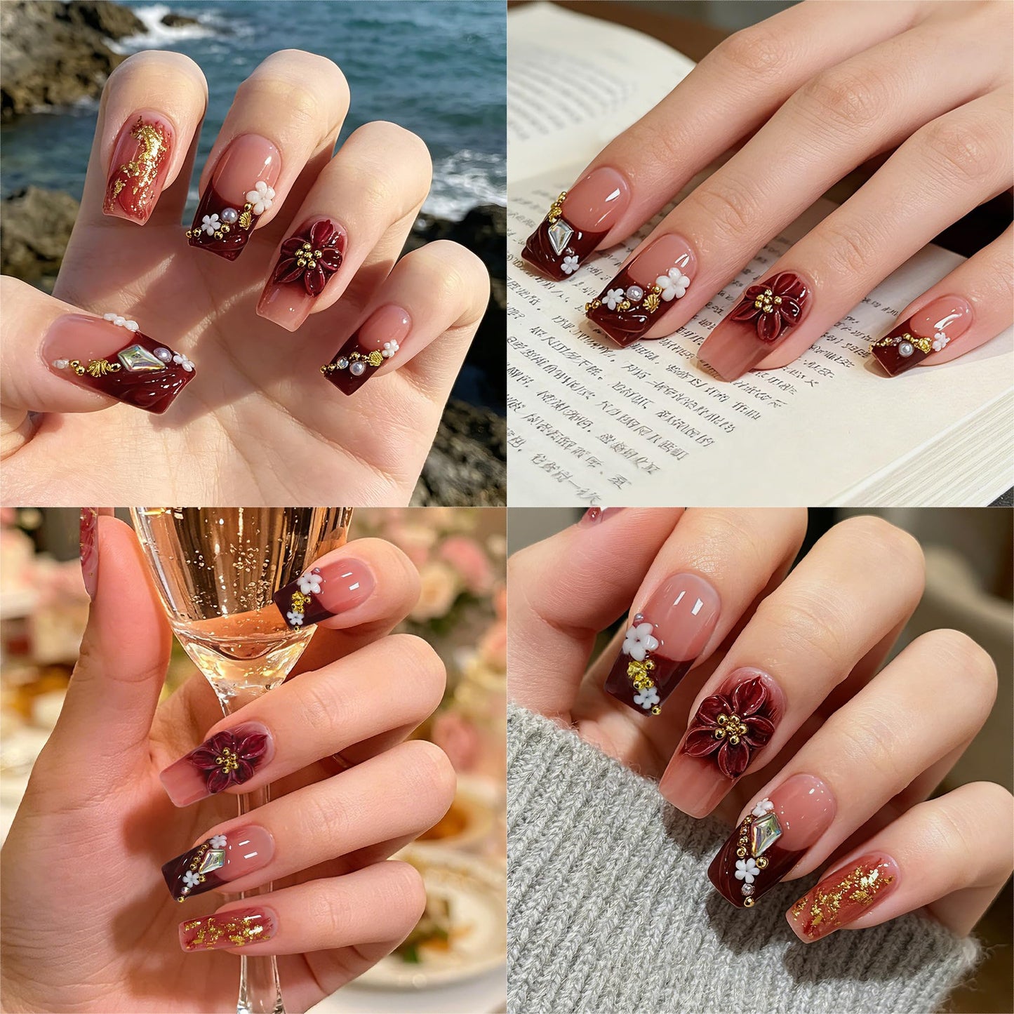 TENPAL Wine Red French Tips Press on Nails Medium Coffin, Ombre 5D Flower Pearl Sweet Sexy Glitter Handmade Fake Nails Reusable Daily Wear Salon Acrylic False Nails for Women 10PCS(M)