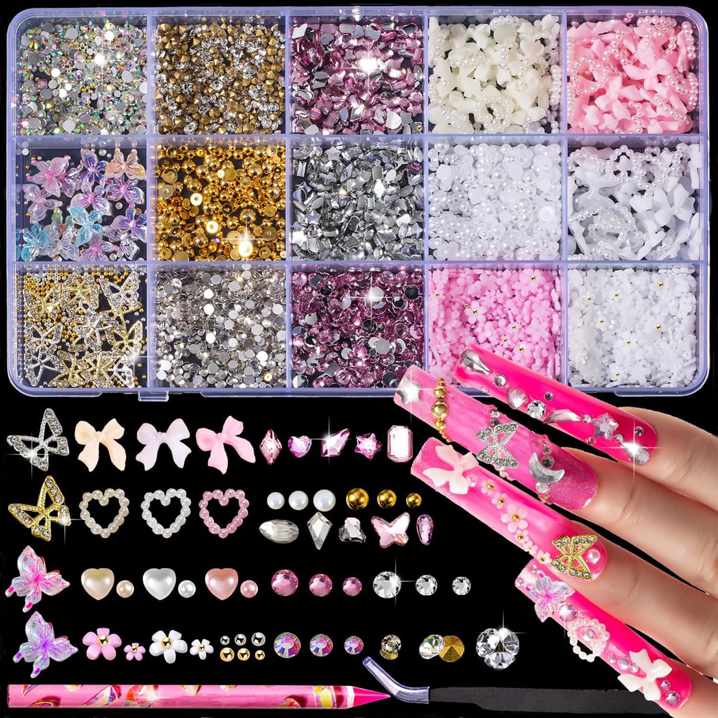 15 Grids Nail Art Decorations Set - 3D Bow Heart Butterfly Flower Charms, Glitter Sequins, Rhinestones & Pearls, Pink White Gold Nail Jewelry Kit for Acrylic Nails, DIY Manicure Accessories for Women