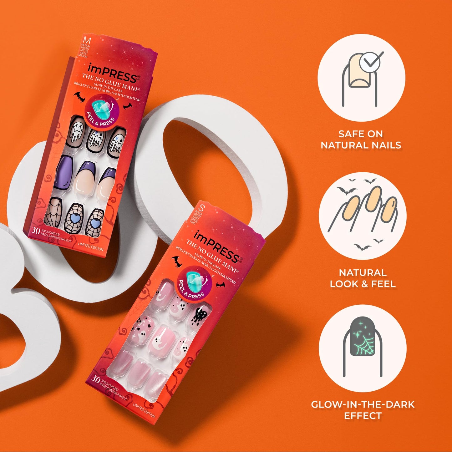 KISS imPRESS Halloween Press On Nails Almond, ‘Drop-dead Gorg’, White, Medium, Glossy Finish, No Glue, Glow-In-The-Dark, Includes Prep Pad, Mini Nail File, Manicure Stick & 30 Fake Nails