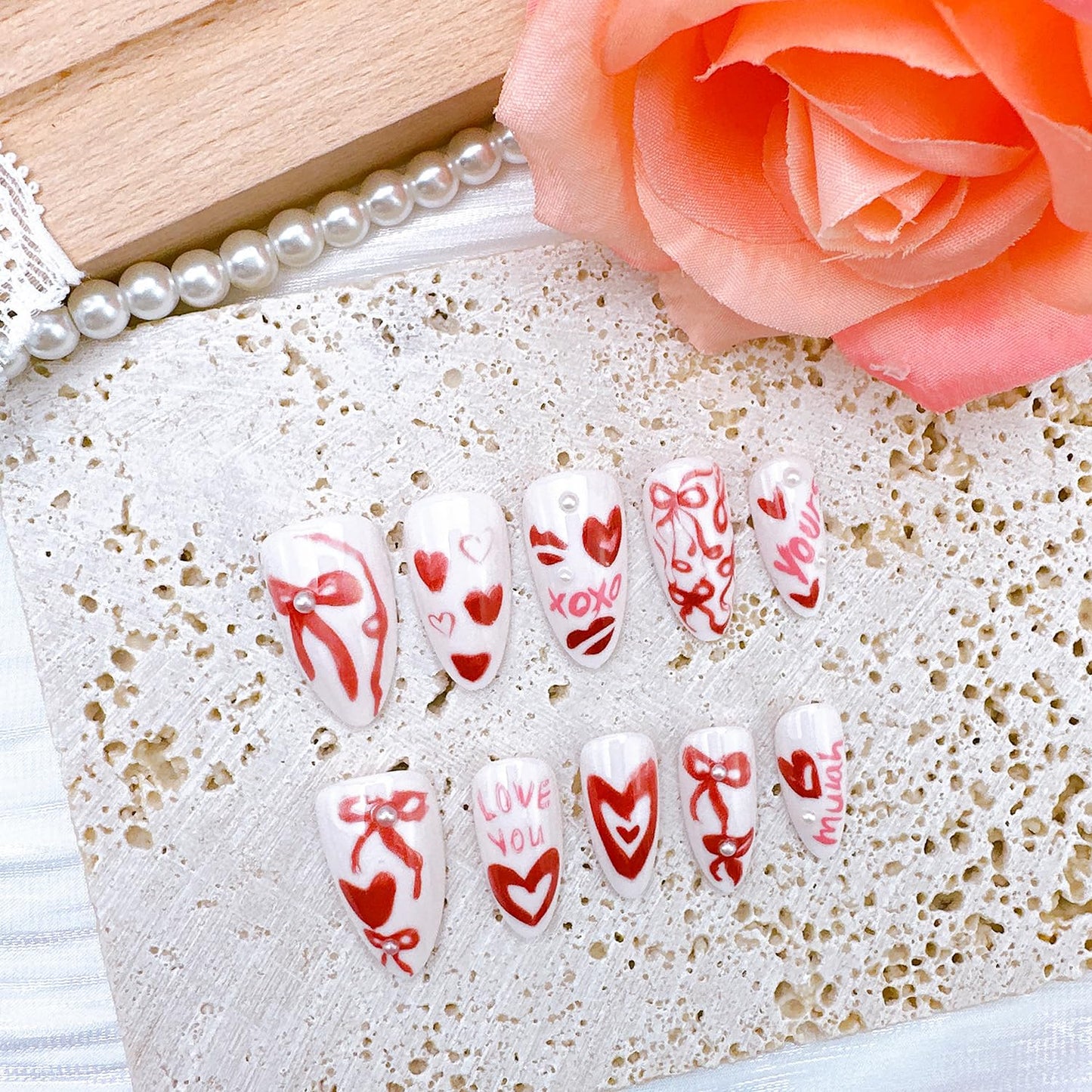 24Pcs Valentines Press on Nails Medium Almond Fake Nails with Pearl Love Heart False Nails Romantic Bow Acrylic Nail Kit Valentine Red Lips Full Cover Stick on Nails for Women Nail Design Supplies