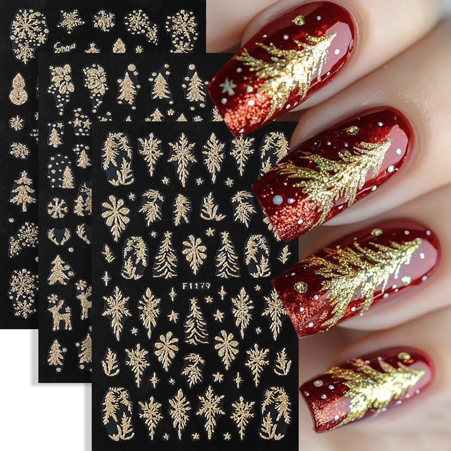 Christmas Gold Nail Art Stickers Cute Snowman Elk Christmas Trees Nail Decals Holographic 3D Self -Adhesive Golden Glitter Snowflake Nails Stickers Xmas Nails Decoration for Women Featival Manicure