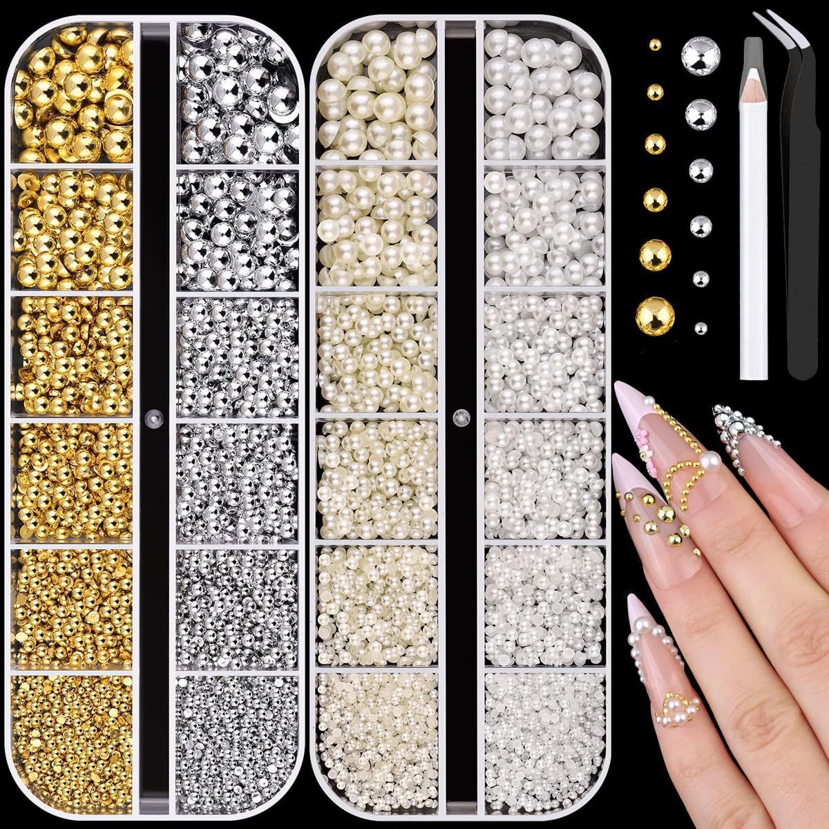 Flatback Pearl Nail Charms and Gems, Half Round 1.5-4mm Gold Silver Nail Charms, White Beige Pearls for Acrylic Nails, Resin Nail Rhinestones for Face Makeup and Crafting 2Boxes
