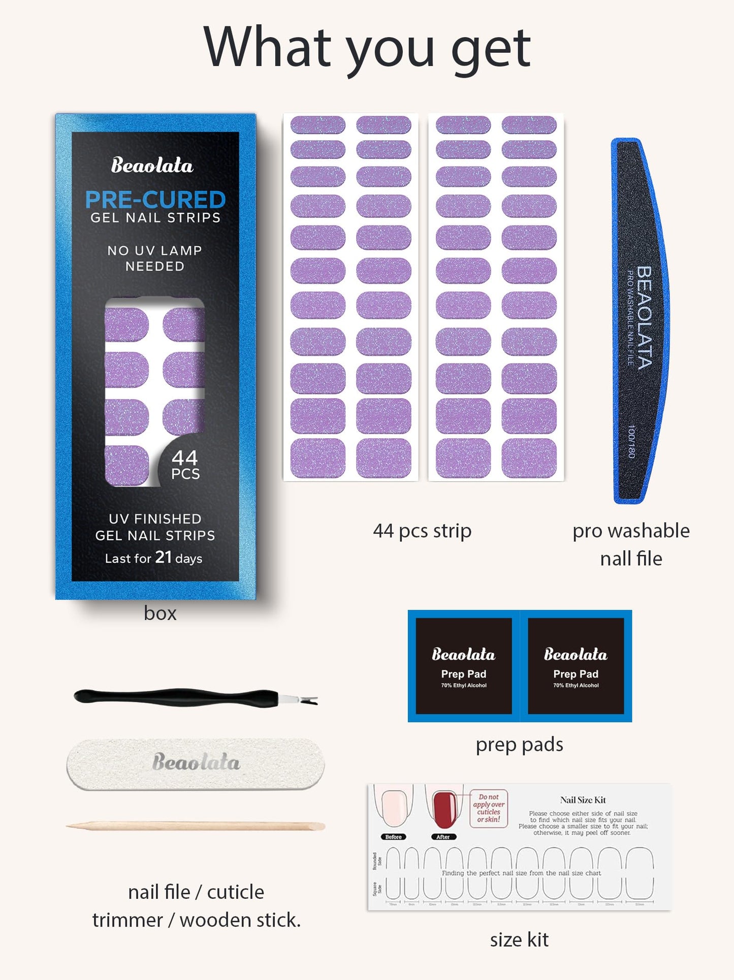 Beaolata Real Gel Nail Strips (No UV Light Needed) - 44Pcs Salon Quality Nail Stickers - Long Lasting Polish Wraps for Women, Easy Apply & Remove (Kunzite)