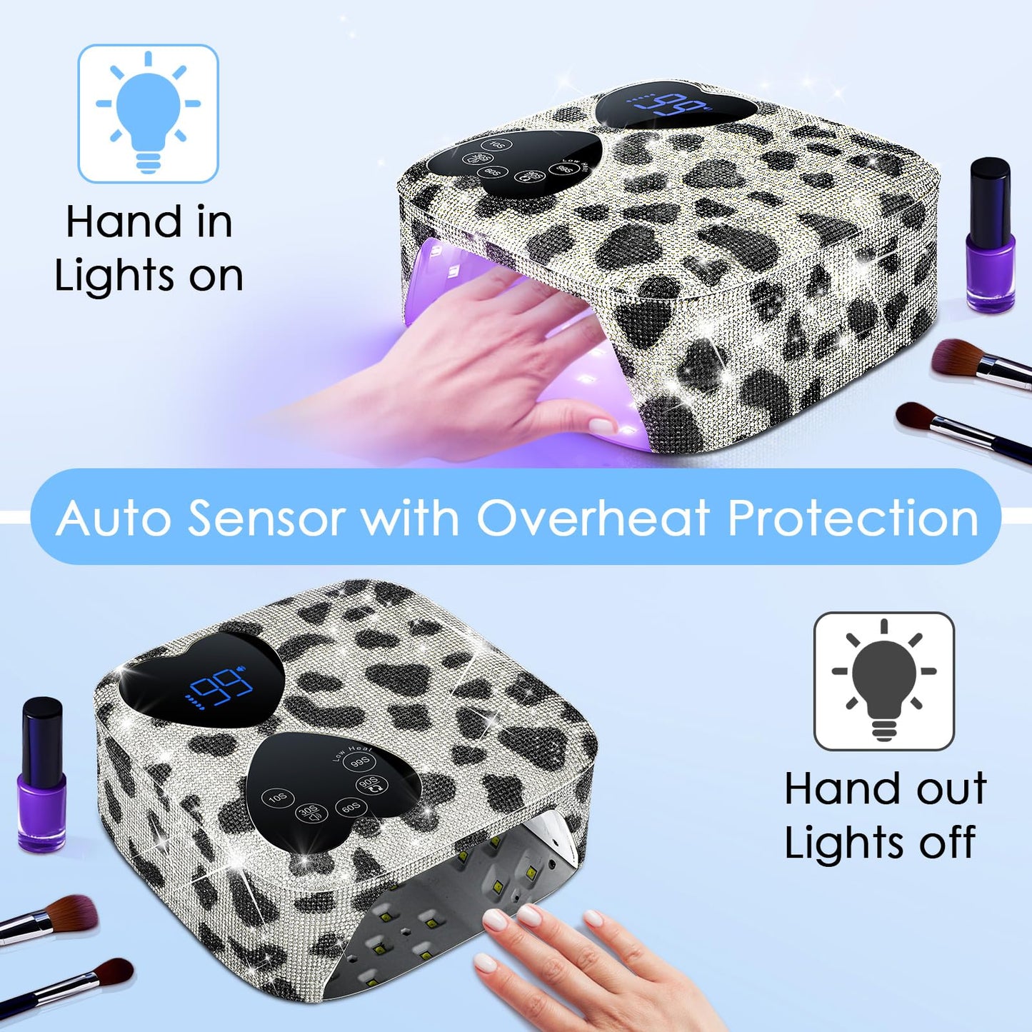 UV LED Nail Lamp Cordless, HUITINE 80W Rechargeable UV Light for Gel Nails with 5 Timers & Mirror Base, Professional Gel Light Dryer, Sparkling Rhinestones Curing Lamp for Salon & Home (Cow Diamond)