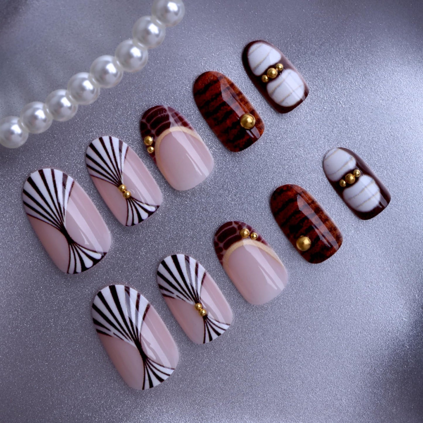 SEENEEY Almond Press on Nails Medium Fake Nails Brown Artificial Nail Black and White Designs Stick on Nail for Women 24pcs