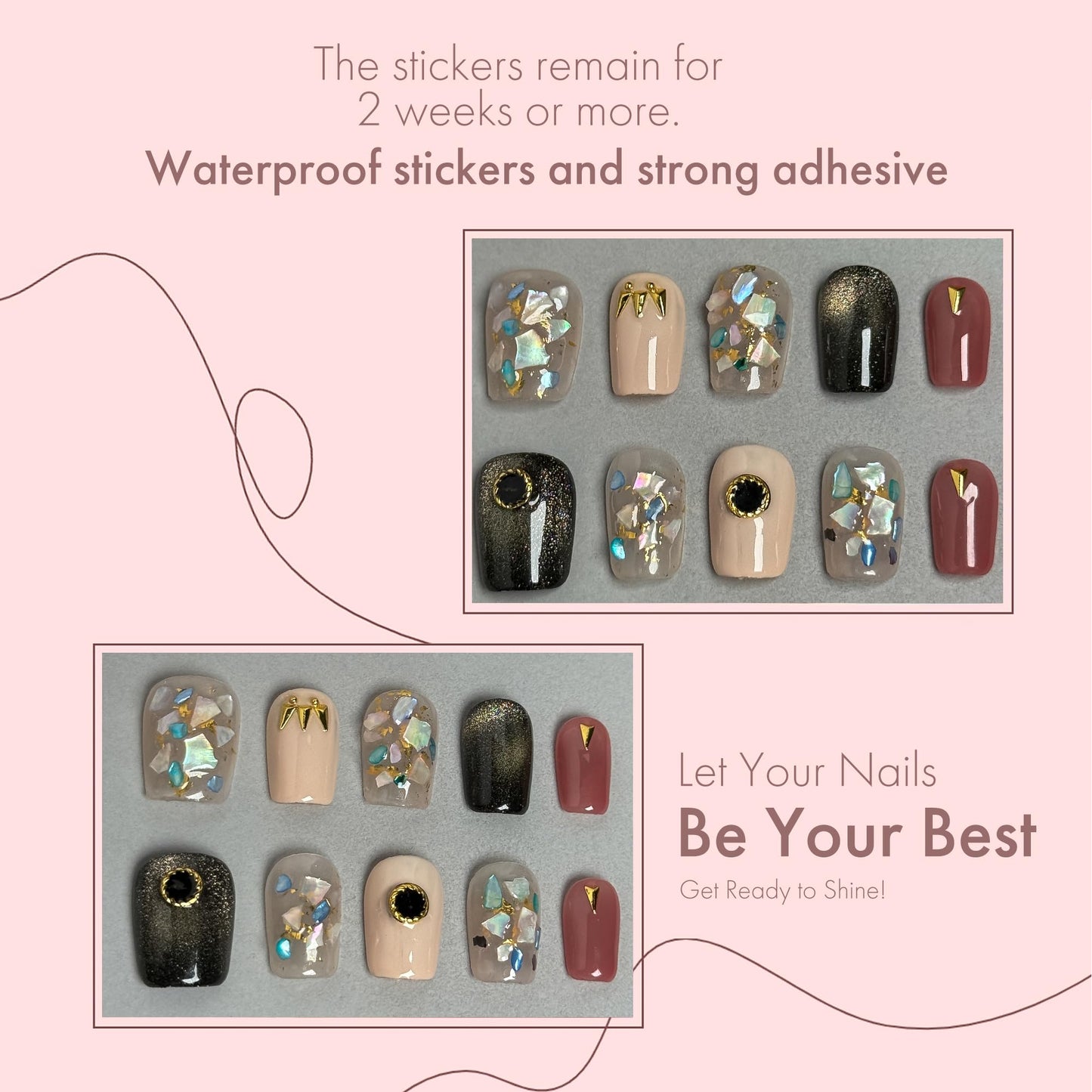 Midnight Gem 10PCS Press On Nails Set, Black-to-Gold Gradient & Mixed Design Glam Fake Nails, Acrylic/UV Gel Luxury Gem Press-Ons for Women, Fall Winter Neutral Glam Nail Kit (Multicolor, S)