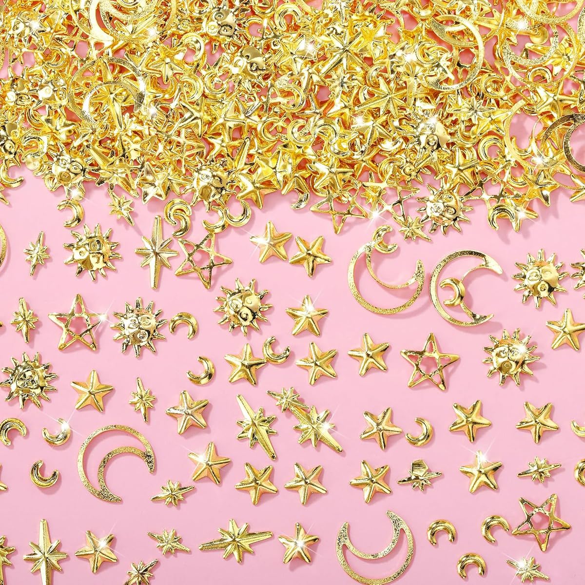 Gold Star Nail Charms Silver Moon Nail Art Charms, Alloy Sun Nail Rhinestones, Alloy Gold Nail Art Rhinestones for Women 2Boxes