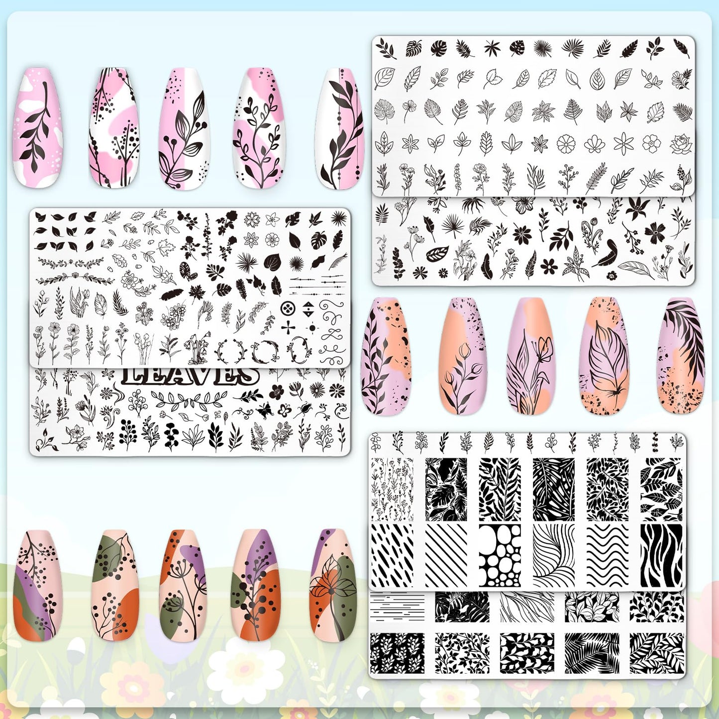 Whaline 6 Pcs Spring Floral Leaves Nail Plates Stamping Set Plant Leaves Flower Stamp Templates Nail Art Plates for DIY Print Manicure Salon Design