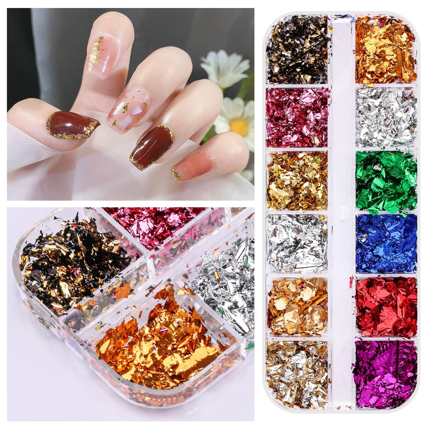 5 Boxes 60 Colors Holographic Nail Glitter Gold Foils Kit, Nail Foil Flakes Laser, 3D Irregular Thin Foil Nail Art Flakes Design Nail Sequins Supplies for Manicure Body Makeup Craft DIY