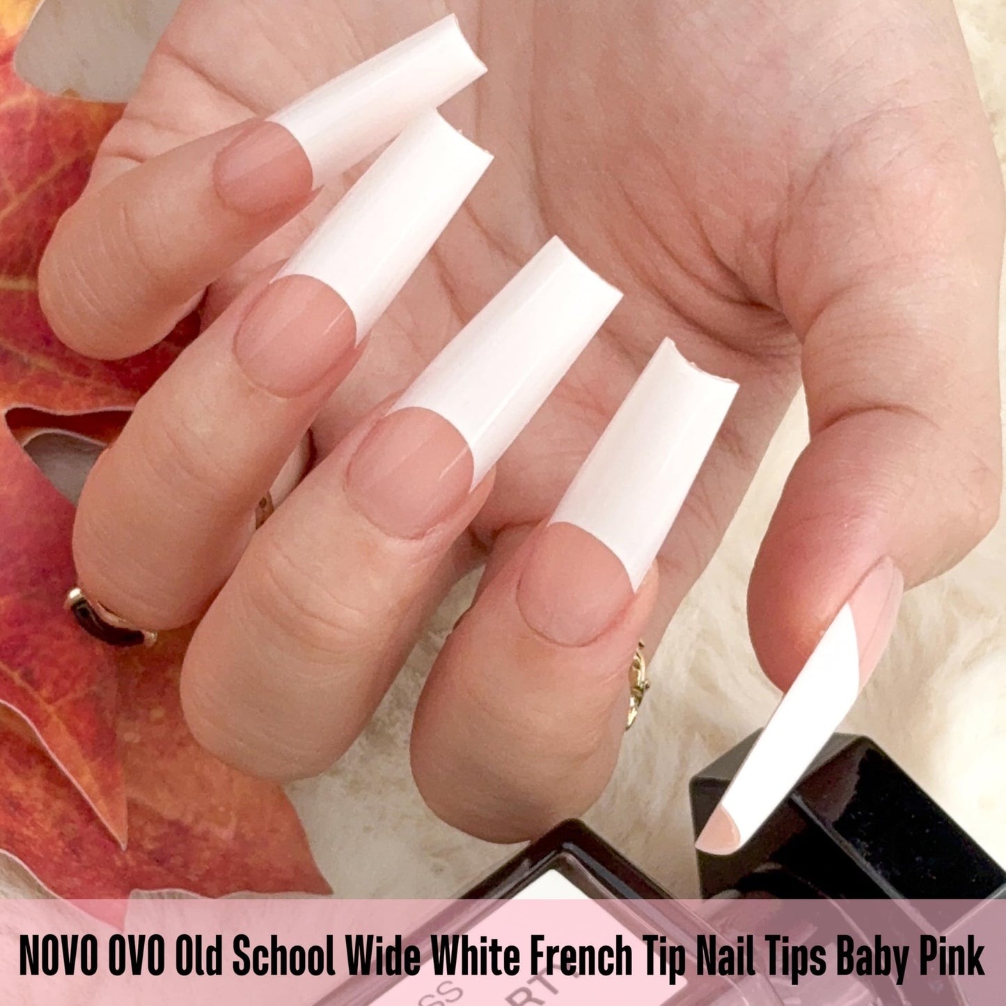 NOVO OVO Old School Wide White French Tip Nail Tips Press on, Long Tapered Square BABY PINK, Extra Thick Soft Gel Fake Acrylic Extension, Need Builder Gel Top Coat & Glue, 15 Sizes 240 pcs