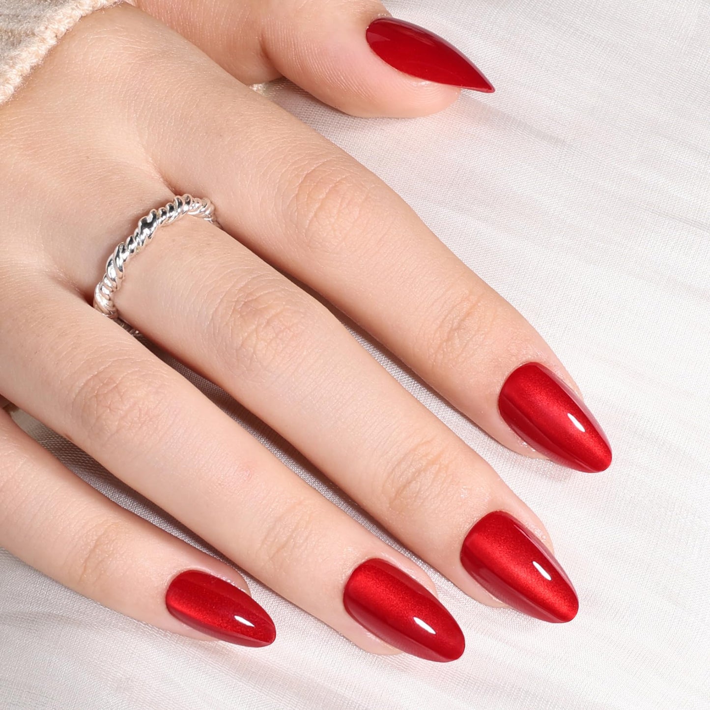 Red Cat Eye Press On Nails Almond - Short Almond Fake Nails with Nail Glue, Red Cateye Press On Nails Reusable Stick On Nails in 16 Sizes 32 Nail Kit for Women & Girls | Salon Quality
