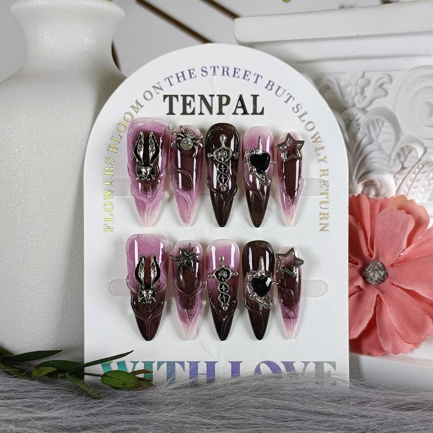 TENPAL 10Pcs Handmade Press On Nails Long Stiletto,Gothic Pink & Black Swirl Fake Nails with 3D Cross Spider Star Charms,Glossy Y2K Punk Glam Halloween Nails,Edgy Kawaii Nails for Parties Cosplay(S)