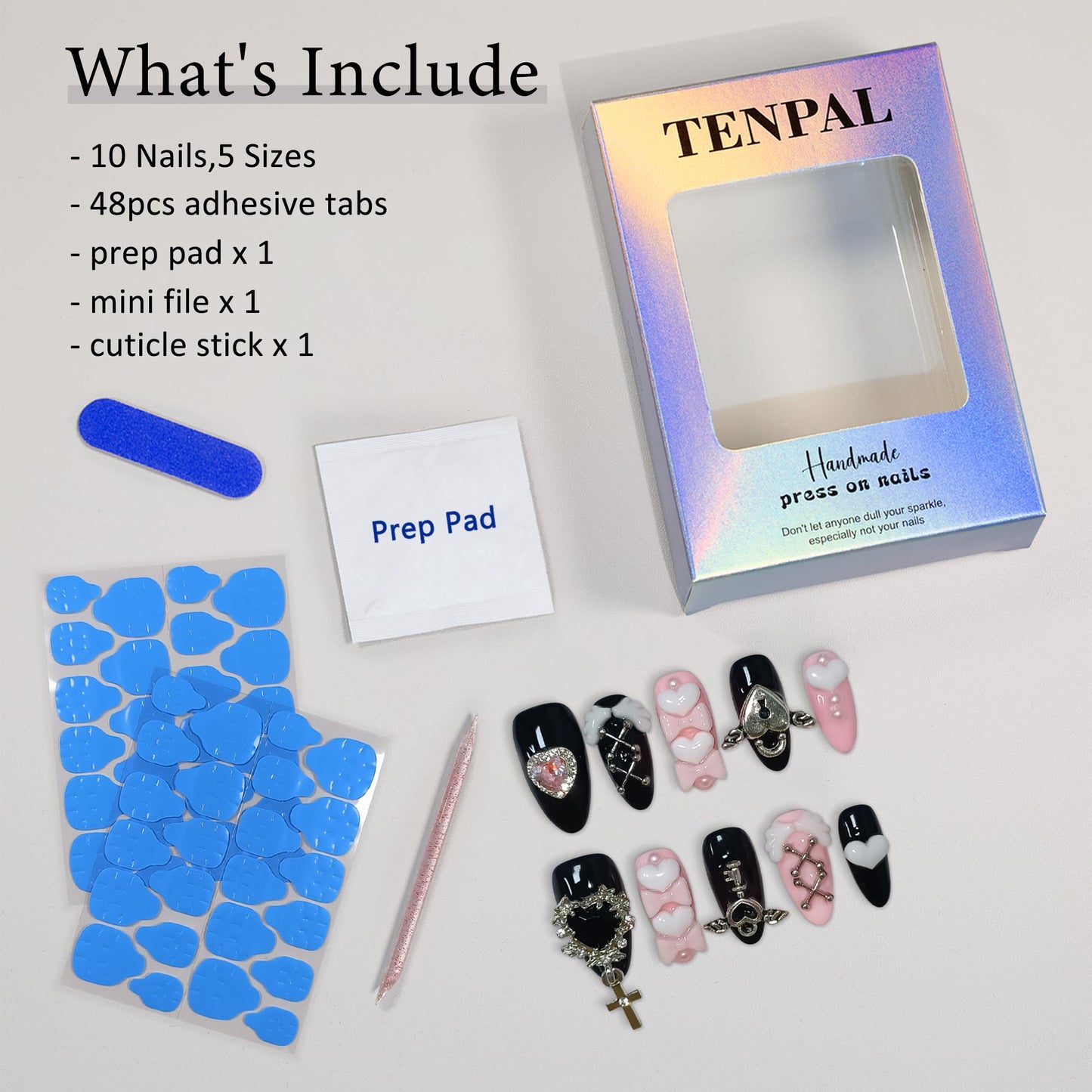 TENPAL 10Pcs Y2K Press On Nails With Tools,Ebony & Pink Almond Fake Nails with 3D Heart Bow & Cross Charms,Glossy Edgy Sweet Cute Nails for Women Girls,Handmade Acrylic Nails for Concert Party(S)