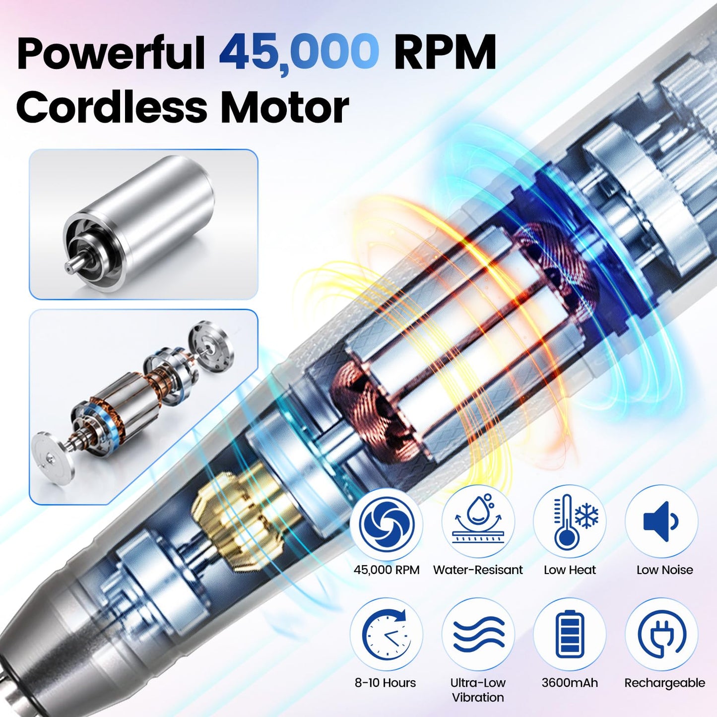 YSC Electric Nail Drill - 45000RPM Rechargeable Efile with Coreless Motor, Waterproof Nail Drill for Acrylic Nails, Portable Efile Kit for Home Salon Manicure Pedicure, Low Noise & Vibration Black