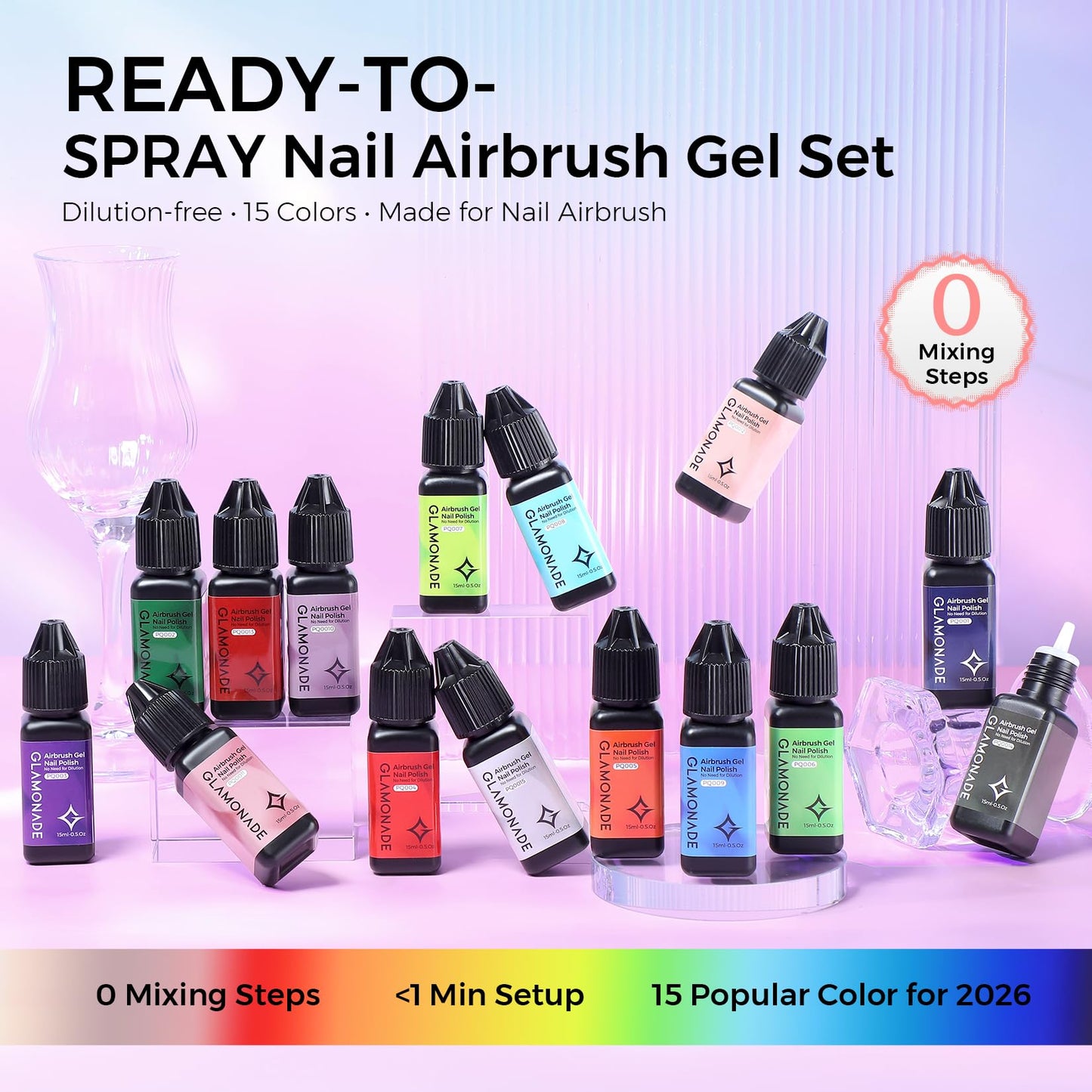 Glamonade Airbrush Gel Nail Polish: 15 Colors Kit No Clogging No Dilution Smooth Spray High Pigment for Ombre French Nail Art Airbrush Nail Paint Beginner Friendly