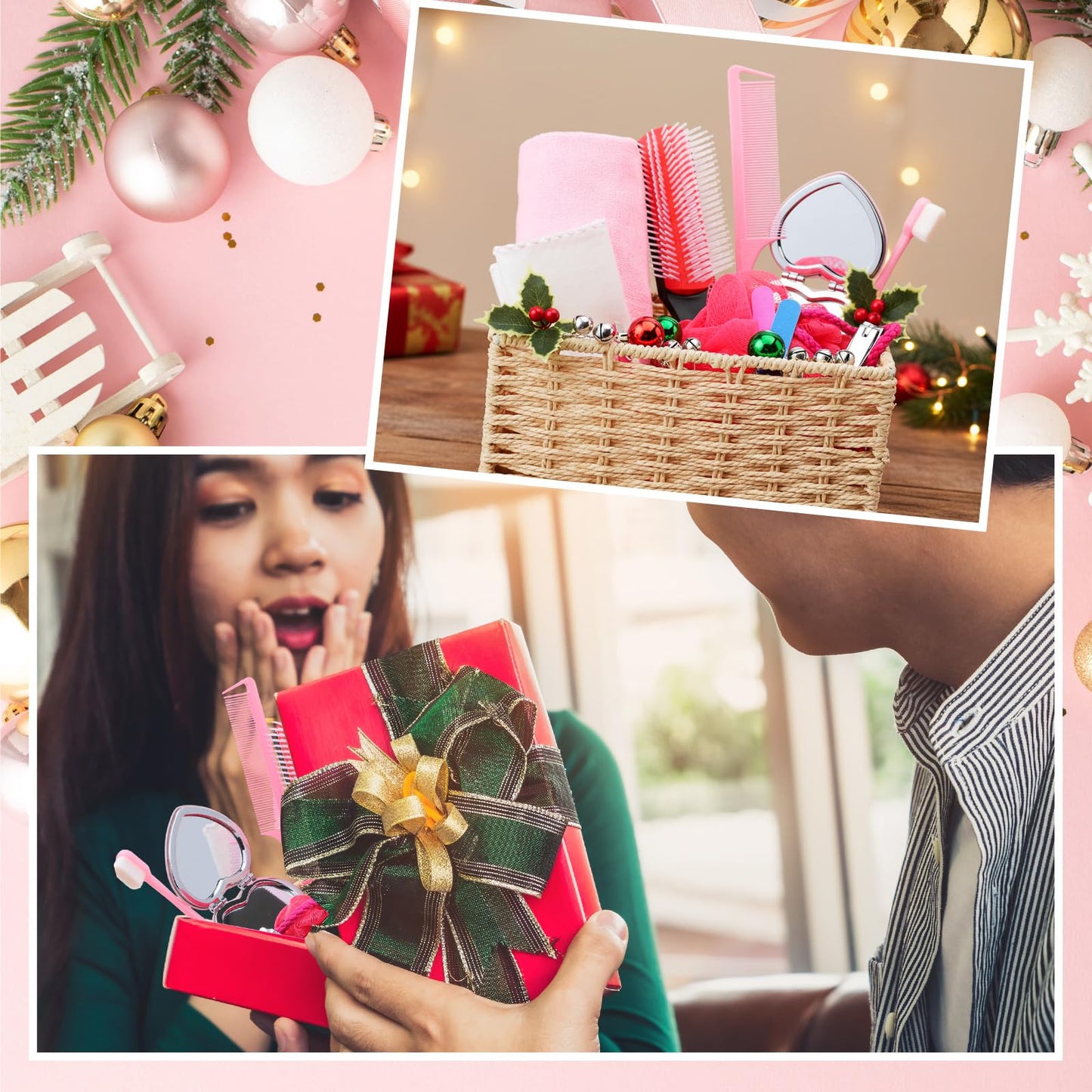 Funnymoom 14 Pcs Pink Galentines Day Gifts for Her Pink Theme Gifts Set Love Mirror Bath Sponge Toothbrush Nail File Nail Clipper Tweezer Towel Comb for Valentines Women Friends Friendship