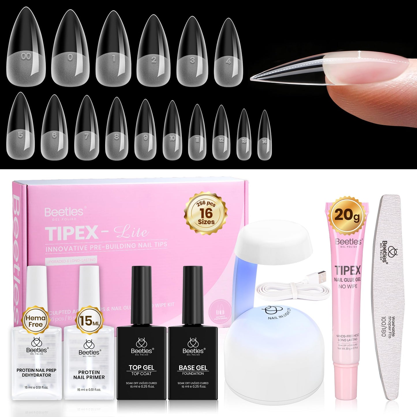 Beetles Tipex Lite Nail Tips Kit with Dehydrator & Primer, Medium Stiletto Full Cover Clear Nails 256PCS 16 Sizes, Mini UV Lamp, 20g Solid Nail Glue, Base & Top Coat, All-in-One Nail Starter Kit
