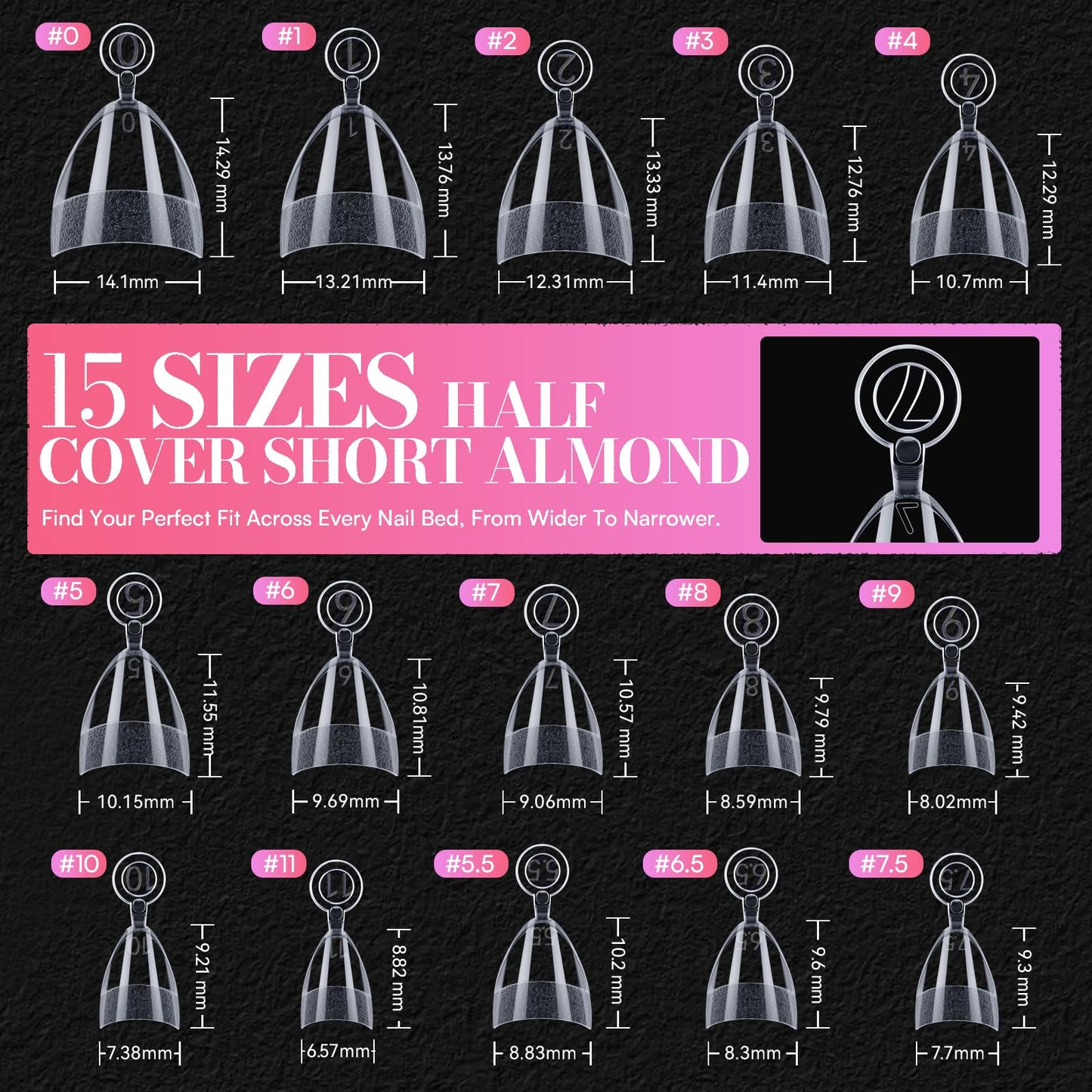 Makartt 420Pcs Short Almond & Tapered Square Half Cover Nail Tips: 2 Shapes Clear Tips Set with 15 Sizes, Pre-Etched Inside False Nails for DIY Nail Extensions, Salon Manicure Supplies DIY at Home