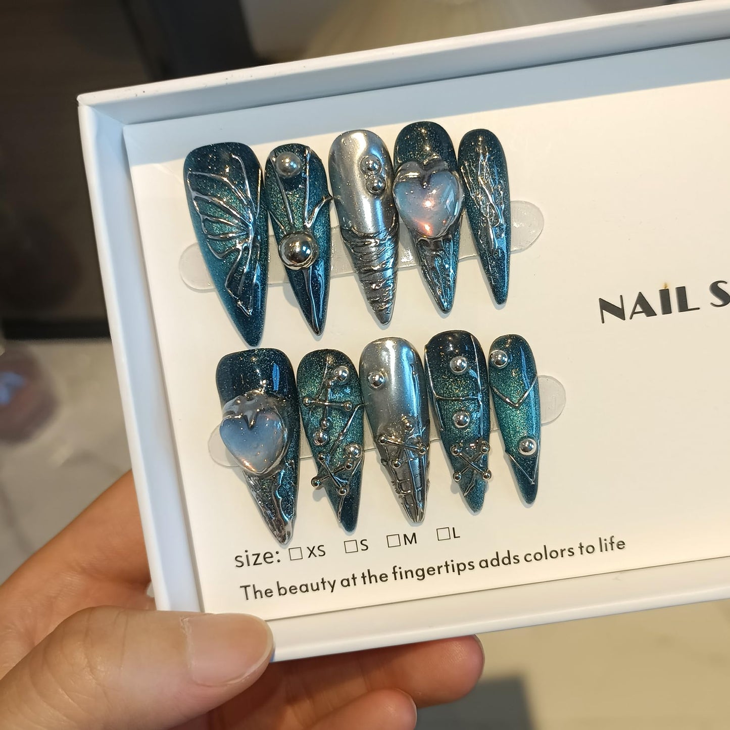 TENPAL Handmade Press on Nails Long Stiletto,Galaxy Ombre Blue-Black Fake Nails with 3D Butterflies Cross Beads Gem Stones,Edgy Y2K Metal Embossed Meteor Glitter Design Salon False Nail Kit 10pcs(L)