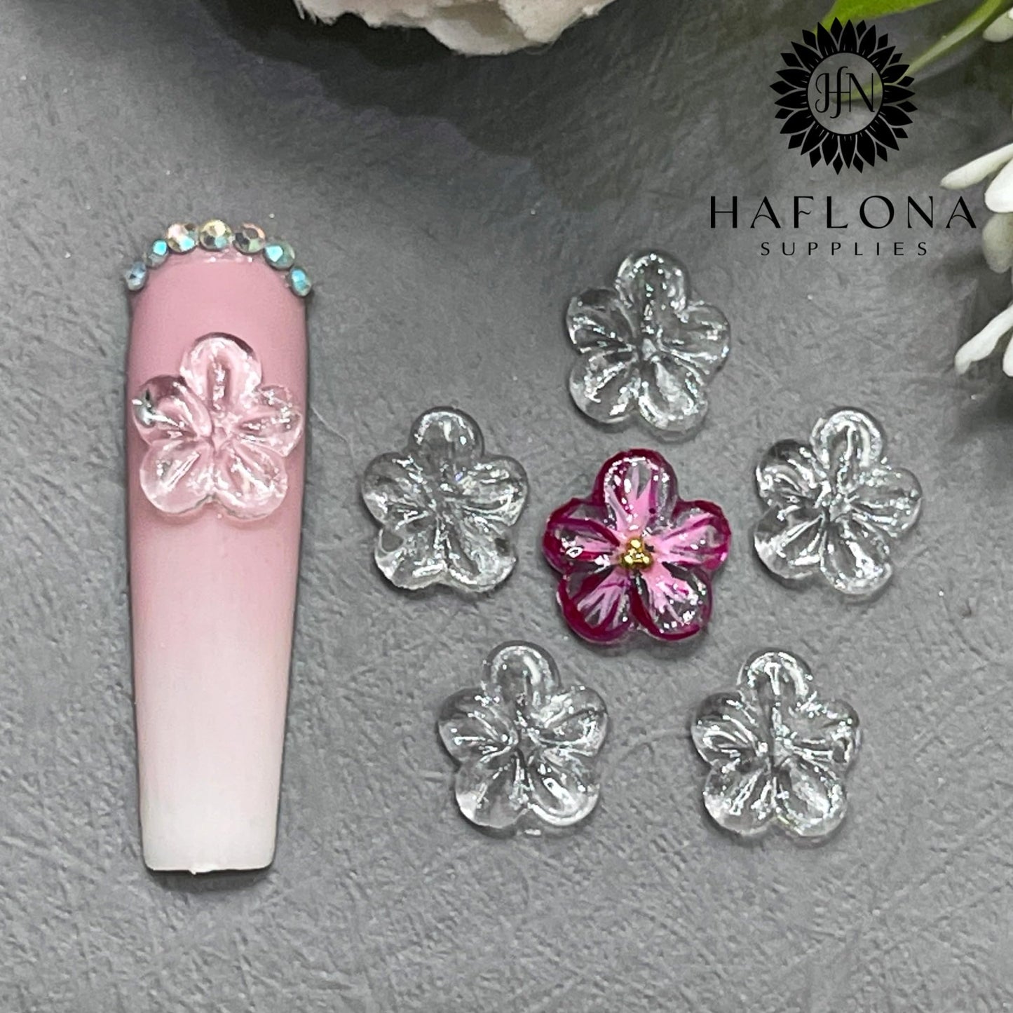 Set 10Pcs -Clear -Gel 3D -Flowers -Nails -Charms Plain No Rhinestone Gems Handmade by Gel, Design For Medium & Long Nail, 3D Flower Nail Art Floral Salon Decor For Women(Medium, ApricotBlossom Clear)