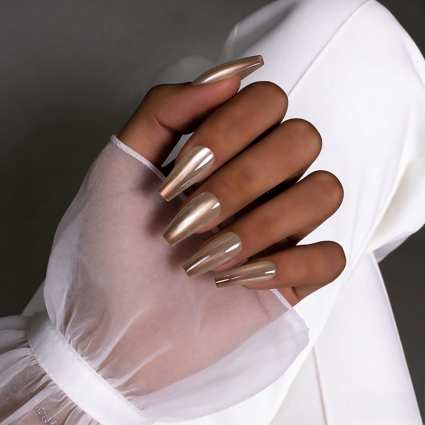 SXVME French Press On Nails Long Square - Chrome Ombre Press on Nails with Glue for Women, Nude Brown Fake Nails Press ons, Glazed Shiny Gel Glue on Nails Coffin, Reusable Nail Stick Ons, 30 Pcs
