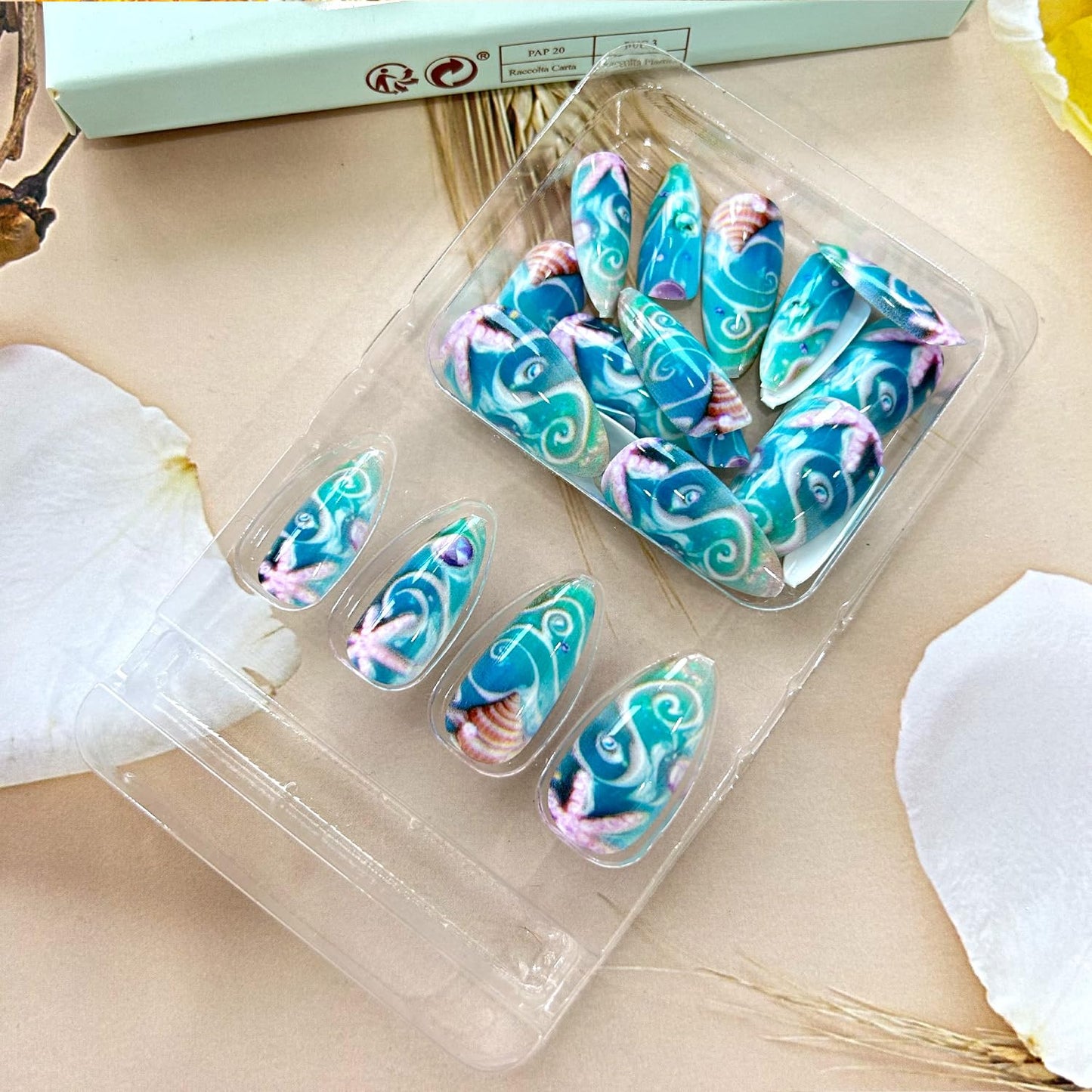 Starfish Shells Press on Nails Medium Length Light Blue Almond Tip False Nail Rhinestones Marine Life Pattern Design Full Cover Press Ons Stick on Nails Artificial Acrylic Glue on Nail for Women