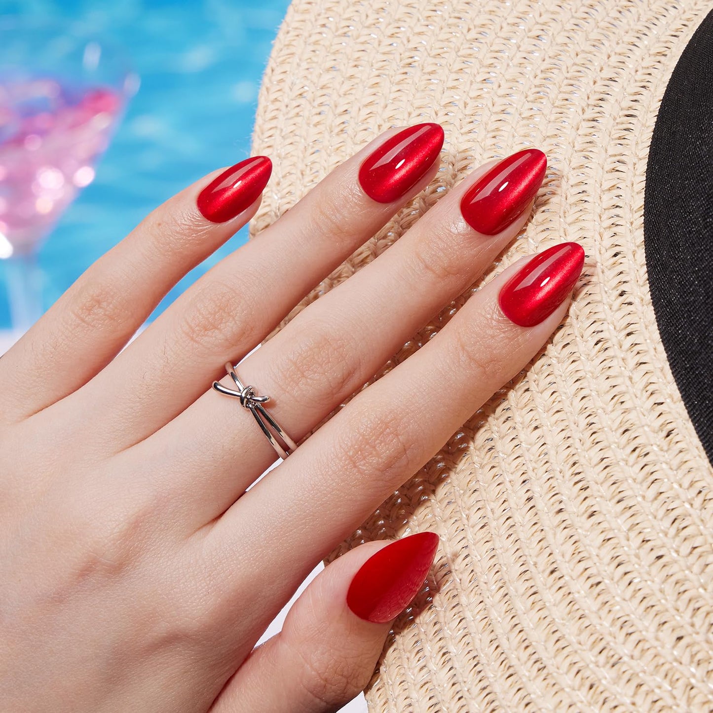 VSALON Short Almond Press on Nails - Red Cat Eye Glossy Fake Nails, Reusable Spring Summer Bright Red Opaque Salon Quality Gel Glue on Nails Kit with Cuticle Oil - 32 PCS Stick on Nails in 16 Sizes