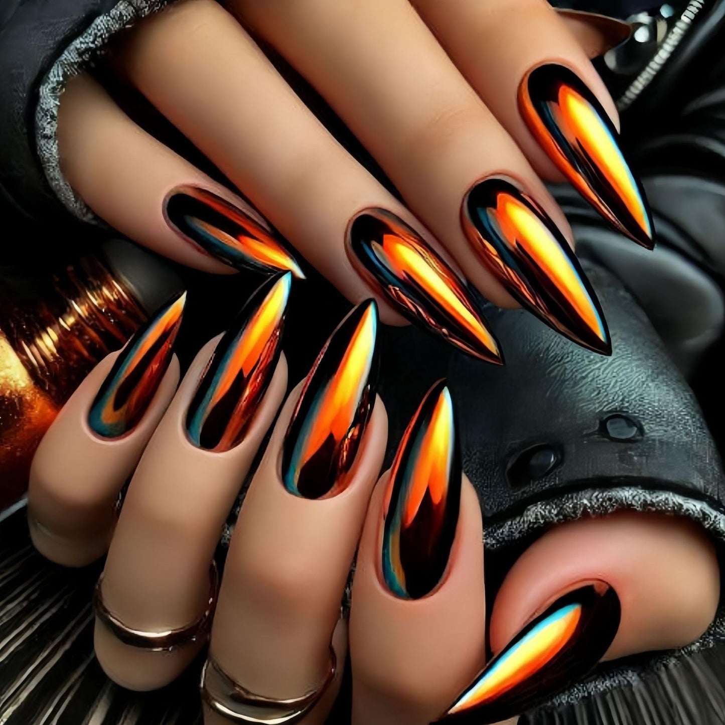 Chrome Press on Nails Almond Medium Fake Nails with Gold Chrome Designs Metallic Laser Glossy Acrylic False Nails Shiny Full Cover Glue on Nails Reusable Stick on Nail for Women 24Pcs