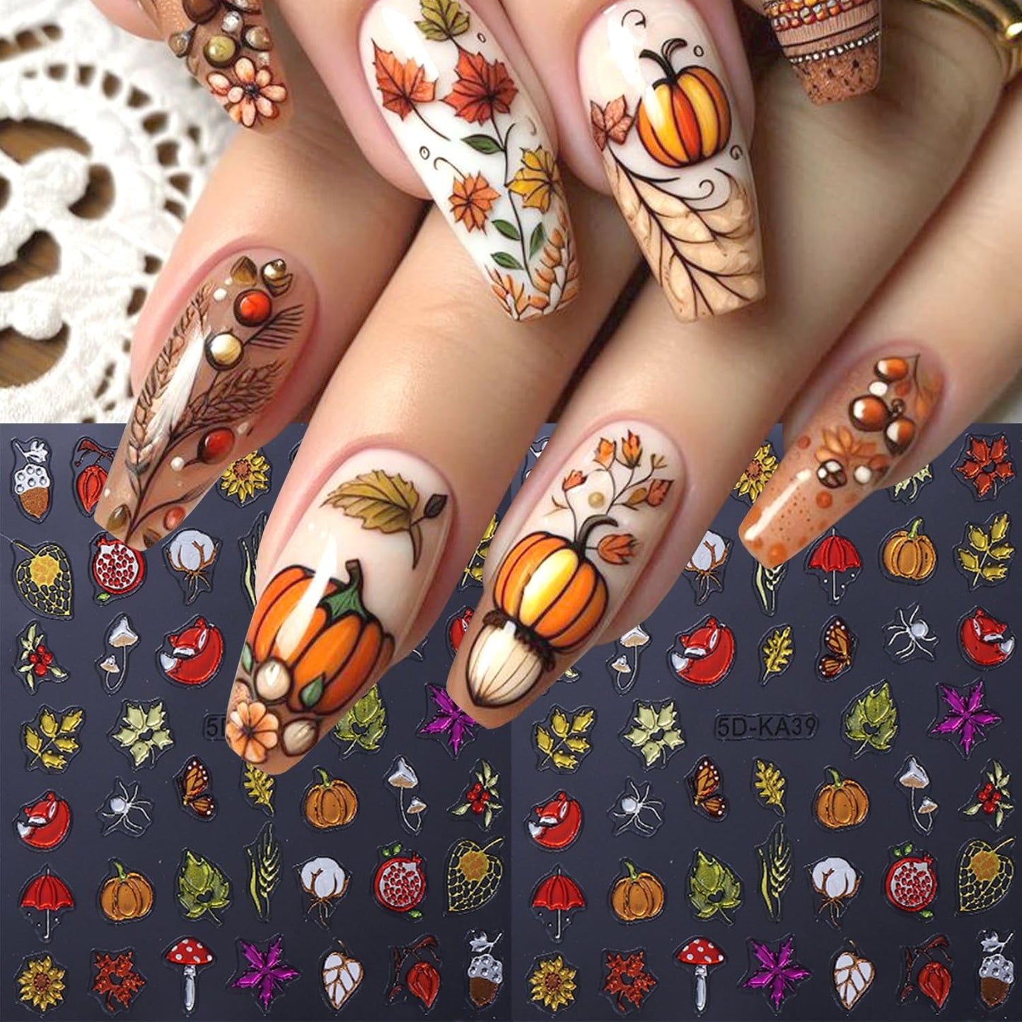 2Sheet Thanksgiving Nail Art Stickers 5D Embossed Autumn Maple Leaves Pumpkin Designs Nail Decals Self-Adhesive Fall Fruit Fox Nail Sticker Butterfly Mushroom Nail Decal for Women Nails Decor Supplies