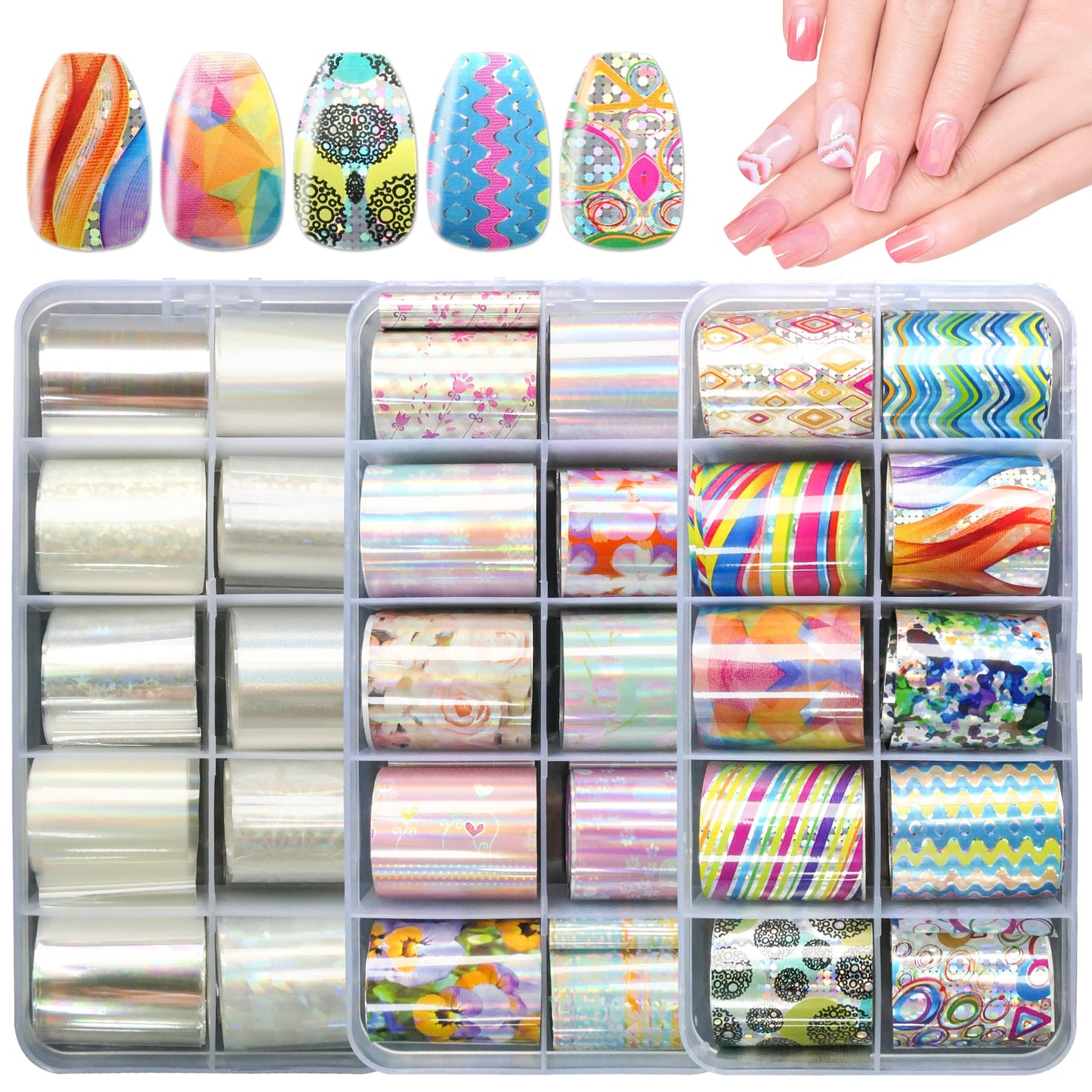 AddFavor 30 Roll Nail Foil Transfer Sheets Holographic Colorful Flower Geometric Nail Foil Decals AB Iridescent Nail Art Stickers for Women Girls Manicure Design
