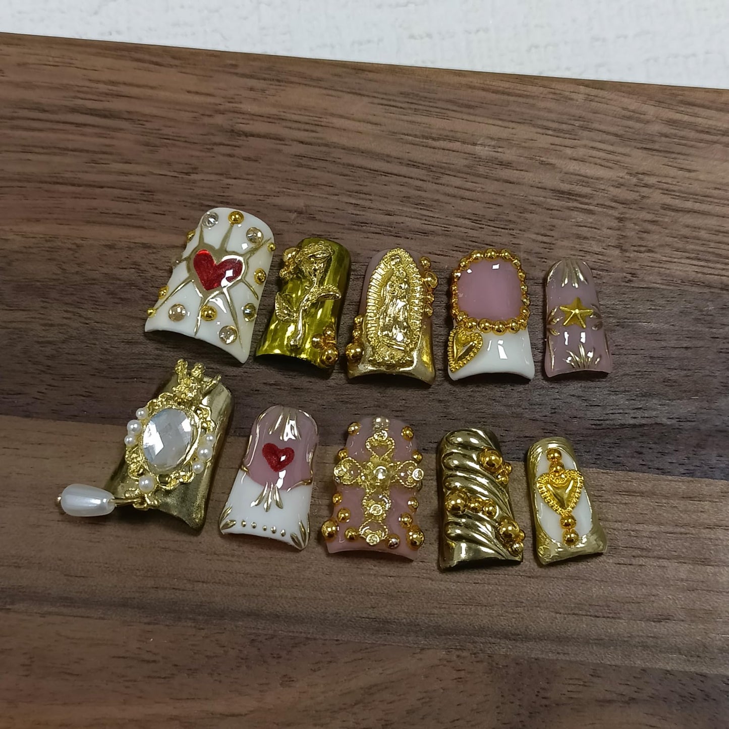 TENPAL 10Pcs Ballerina Press On Nails With Tools,Egyptian Palace Relief Glue on Nails with Gold Cross & Pearls,Handmade 3D Saint Charms Fake Nail Kits, Vintage Epic Acrylic Coffin Duckbill Nails(L)