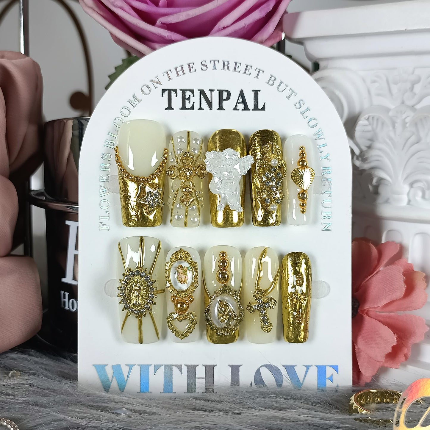 TENPAL Baroque Press on Nails Long Coffin 3D Embossed Pearl Cross Charm Luxury False Nails for Women Gold Glam Royal Cathedral Style Glue on Nails for Parties Holiday Events(M)