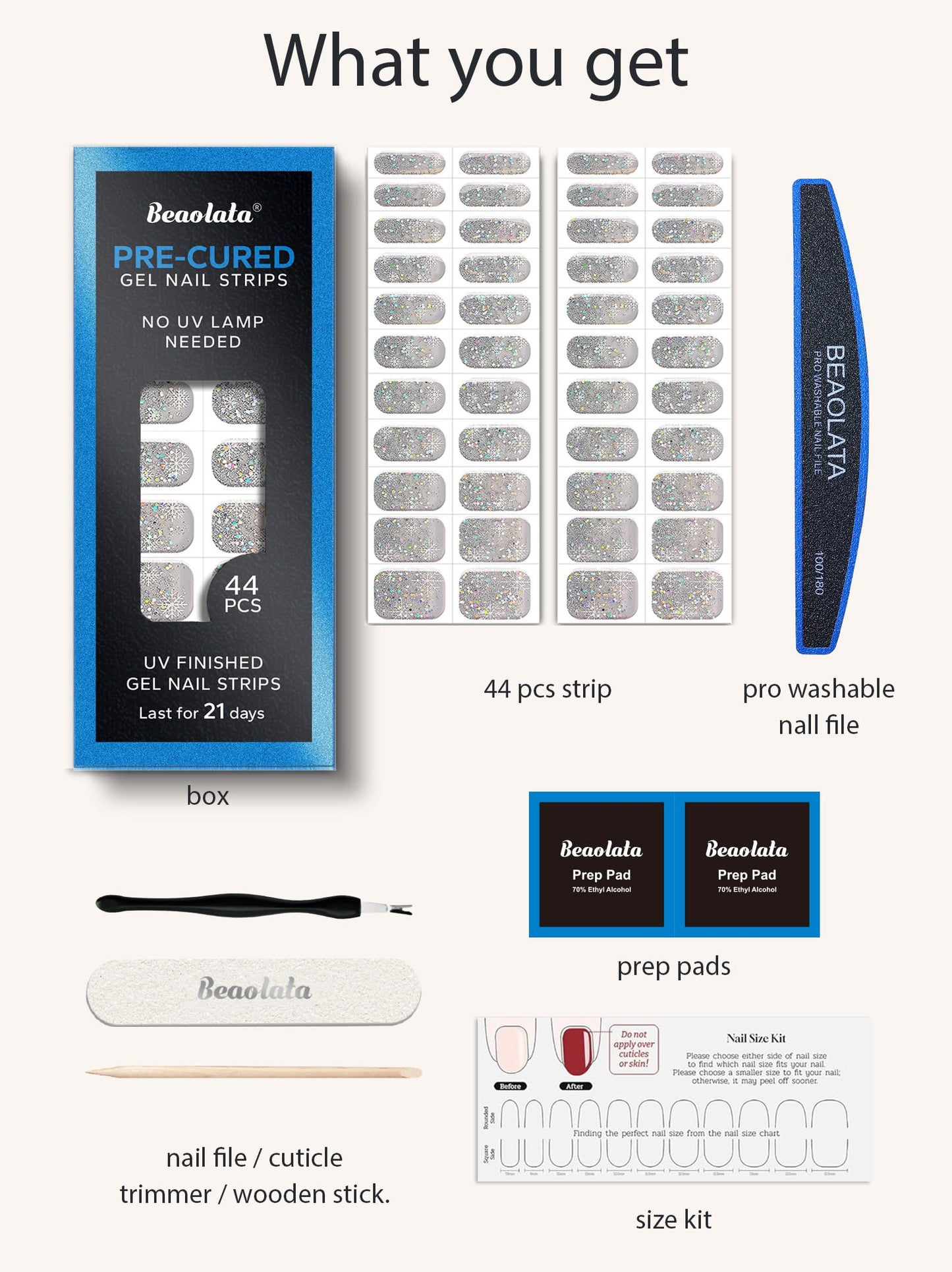 Beaolata Real Gel Nail Strips (No UV Light Needed) - 44Pcs Salon Quality Nail Stickers - Long Lasting Polish Wraps for Women, Easy Apply & Remove (Frosted Sparkle Sliver)