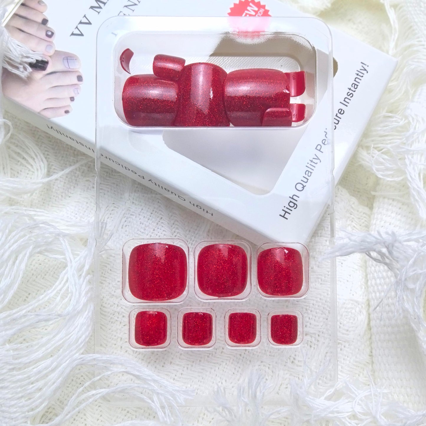 Red Sparkly Press on Toenails Short Square Fake Toe Nails Glossy Red Solid Color Glitter Full Cover Artificial Stick on Toenails for Women Girls Winter Christmas Manicure 24Pcs