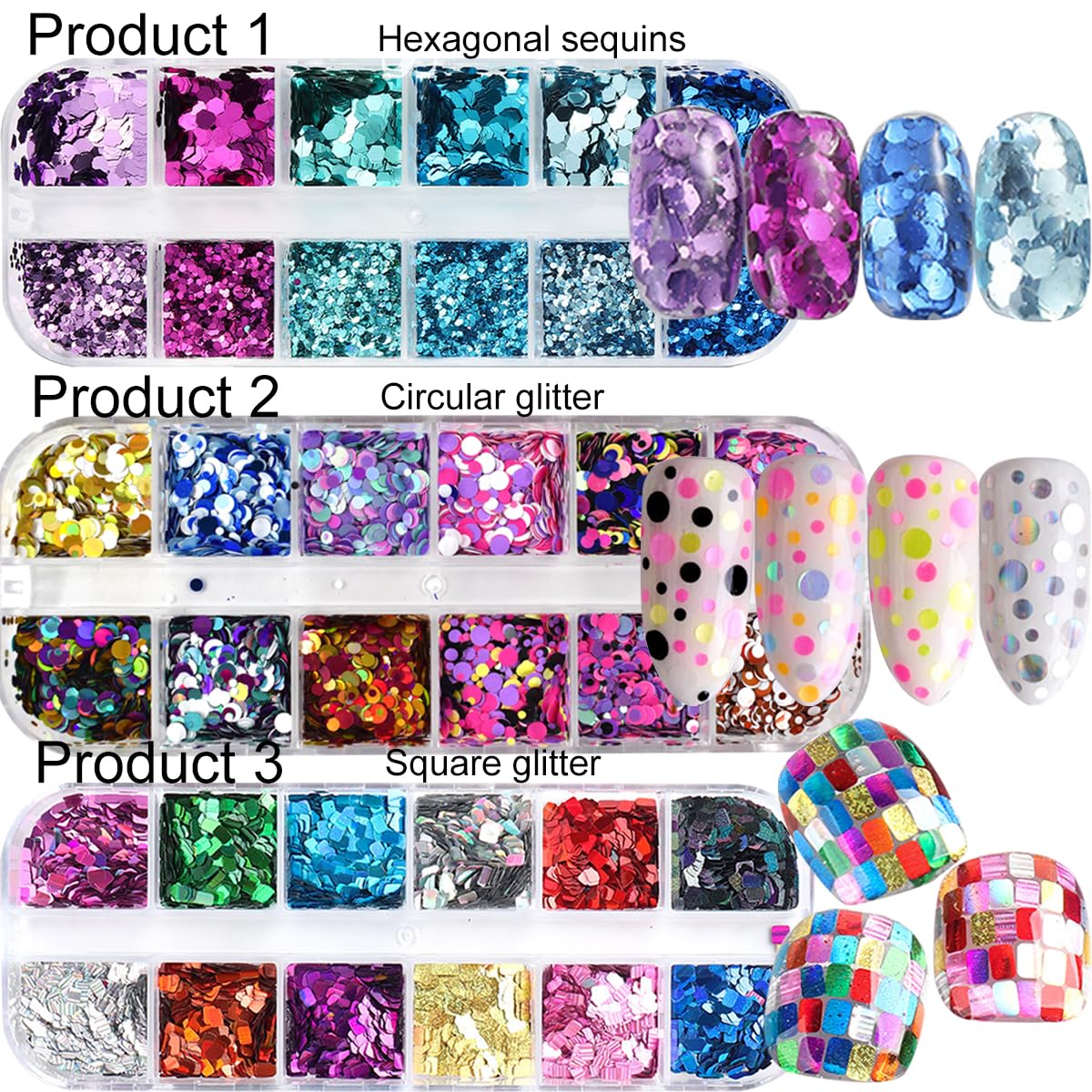 UARUOGP 3 Boxes 36 Grids Holographic Nail Art Sequins Mermaid Hexagon Round Square Nail Glitter Decoration,DIY Chunky Holographic Supplies 3D Laser Flakes Sparkly Acrylic