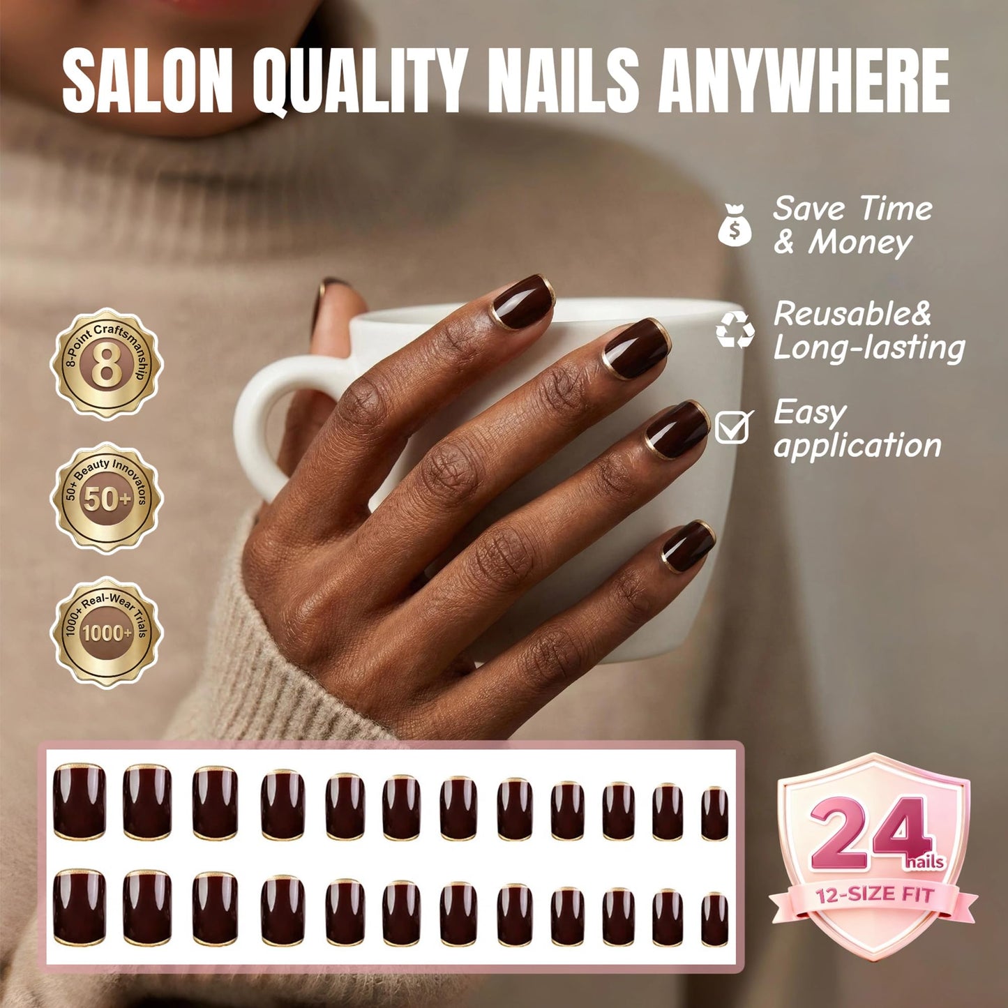 Taoyisent Glossy Chocolate Brown French Tip Press On Nails – Short Square Soft Gel Nails with Gold Edge, Reusable Full Cover Nail Tips, 24PCS
