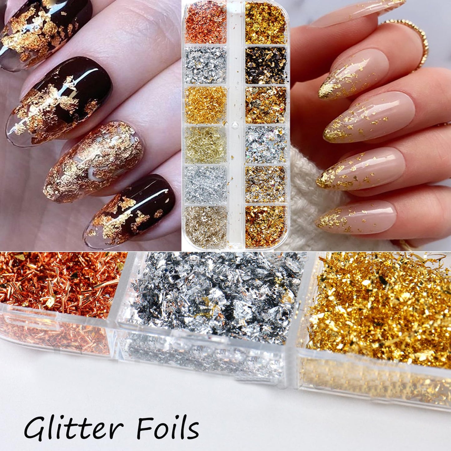 Holographic Nail Glitter Gold Foils for Kit, 12 Grids Sparkly Ultra-Thin Aluminum Foil Nail Art Flakes Designs, Powder Nail Glitters Sequins Acrylic Supplies DIY Manicure Charms Decorations, for Women