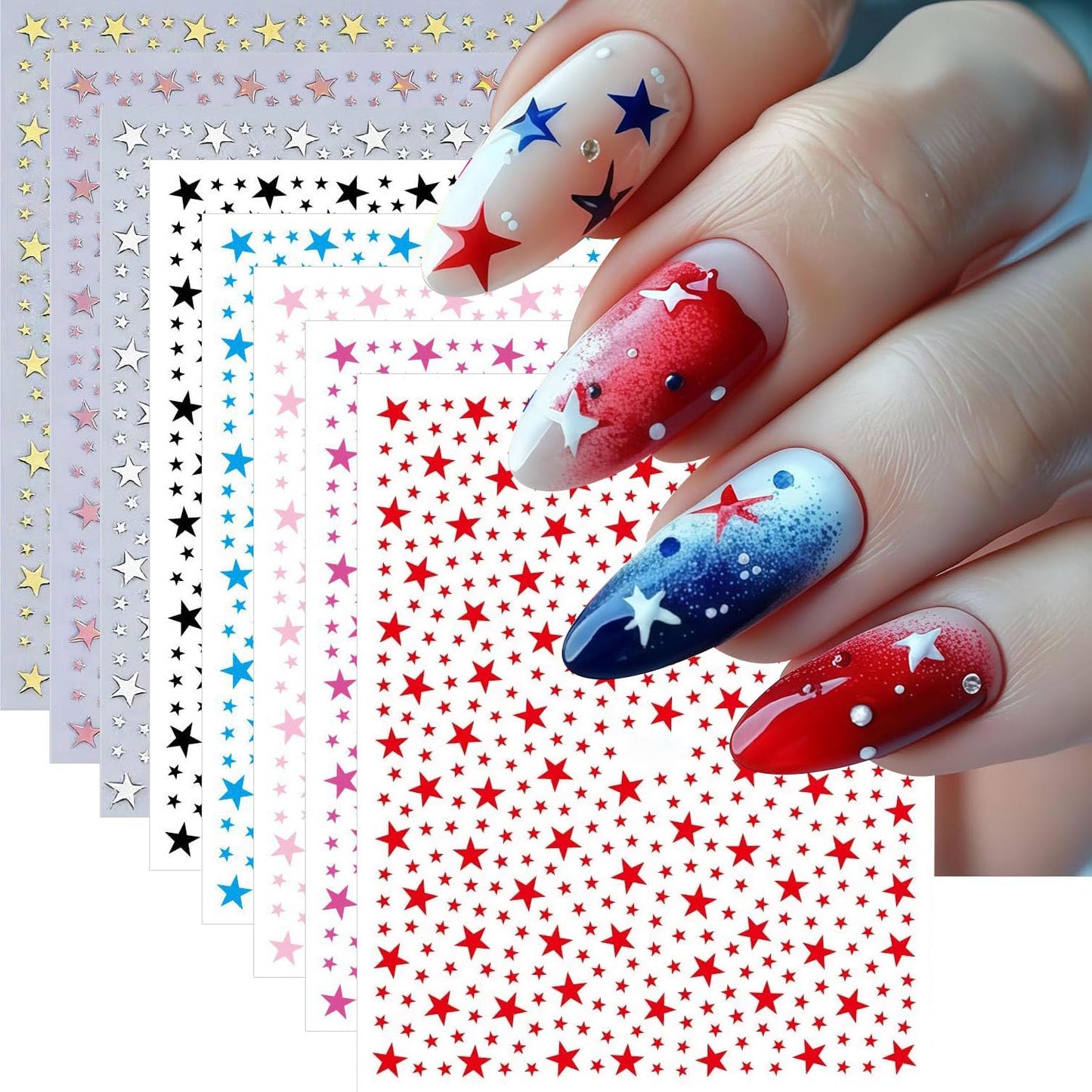 4th of July Nail Art Stickers Red Blue White Star Nail Stickers Independence Day Patriotic Nail Decals 8Pcs Nail Art Supplies for Women DIY Manicure Nail Decoration